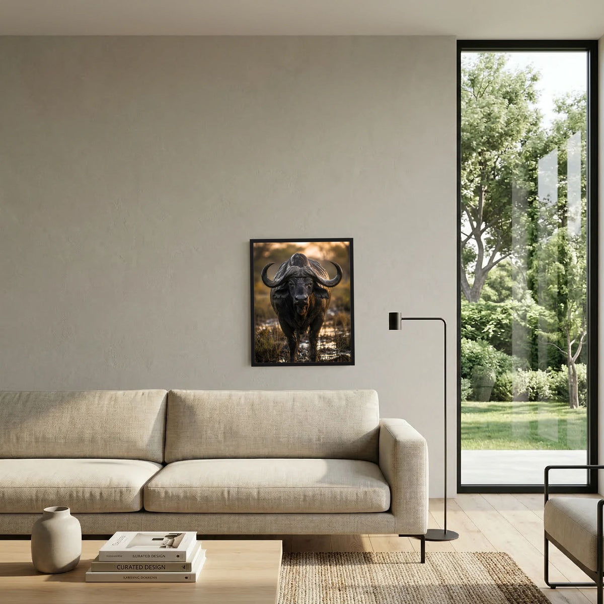 Tierposter mit schwarzem Kaffernbüffel an der Wand neben Sofa