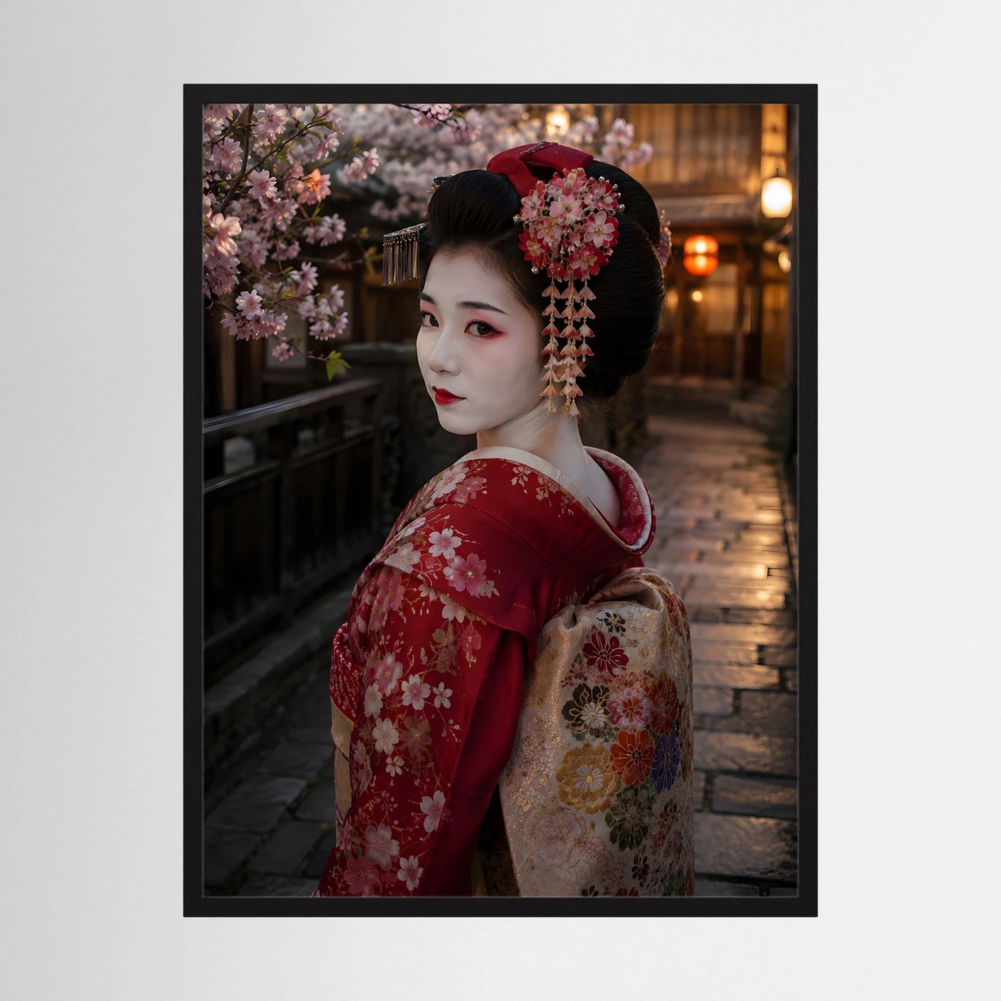 Hochformatiges Poster mit Geisha im roten Kimono, seitliches Porträt und Kirschblüten