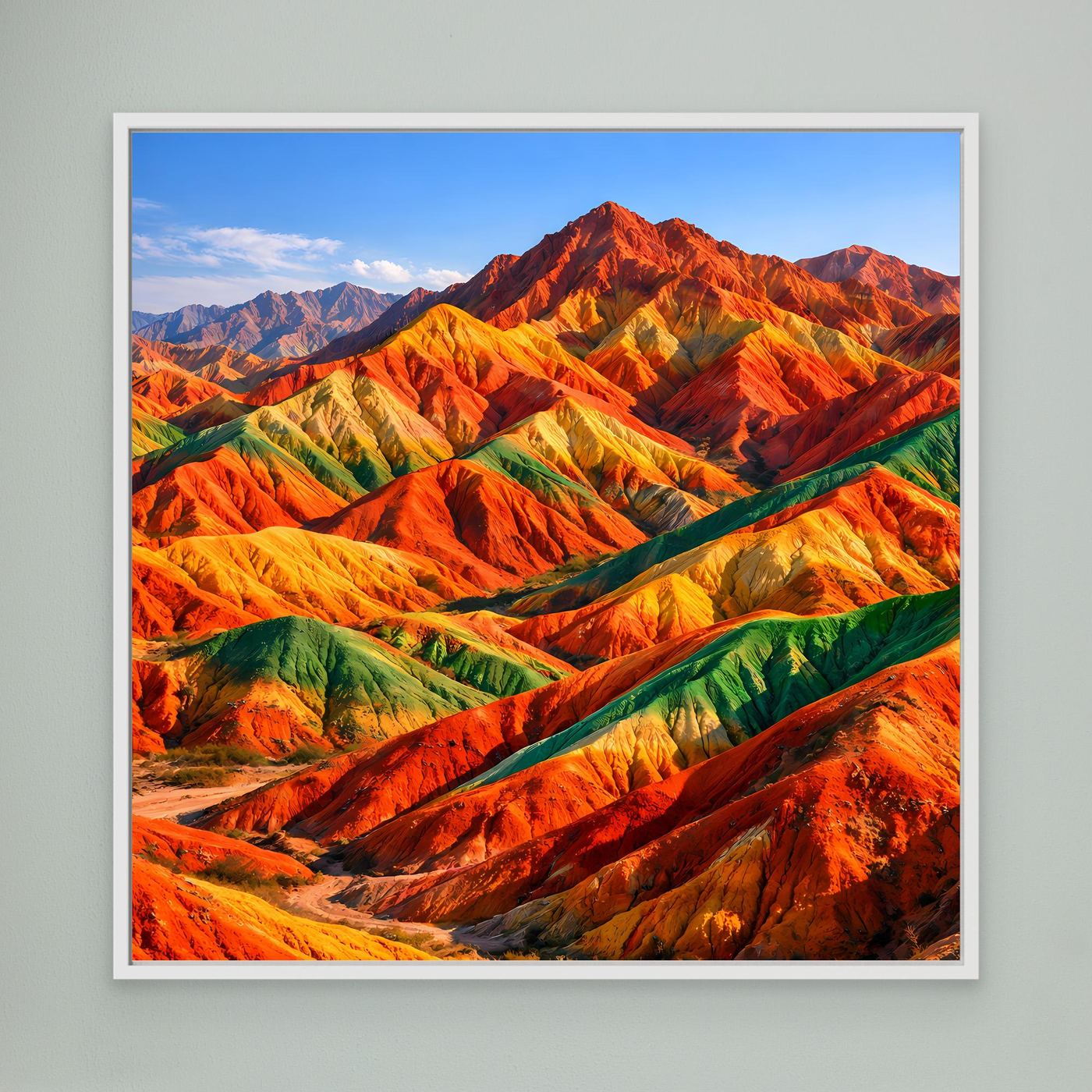 Leinwandbild Regenbogen-Berge mit Rot- und Grüntönen, weißer Rahmen