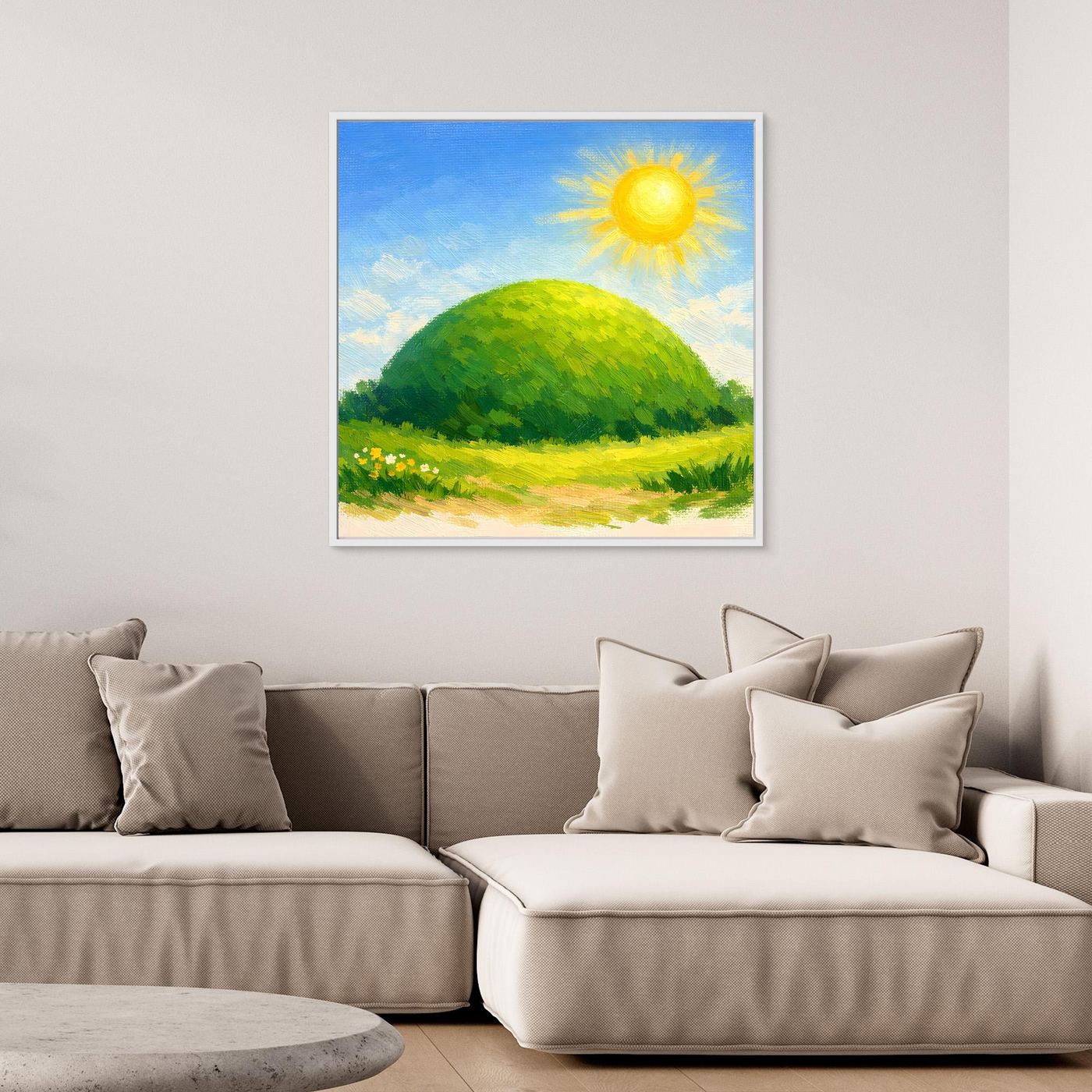 Quadratisches Leinwandbild mit grünem Hügel, gelber Sonne und blauem Himmel