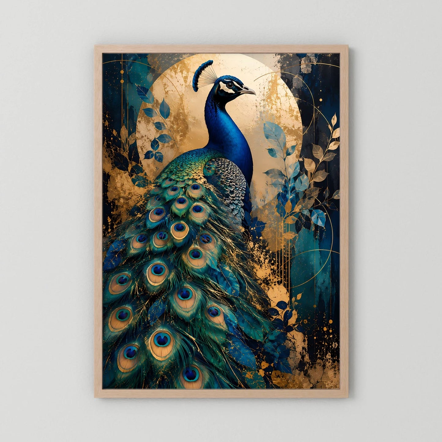 Pfau-Poster im hellen Holzrahmen, blau-goldene Tierkunst mit Pfauenfächer