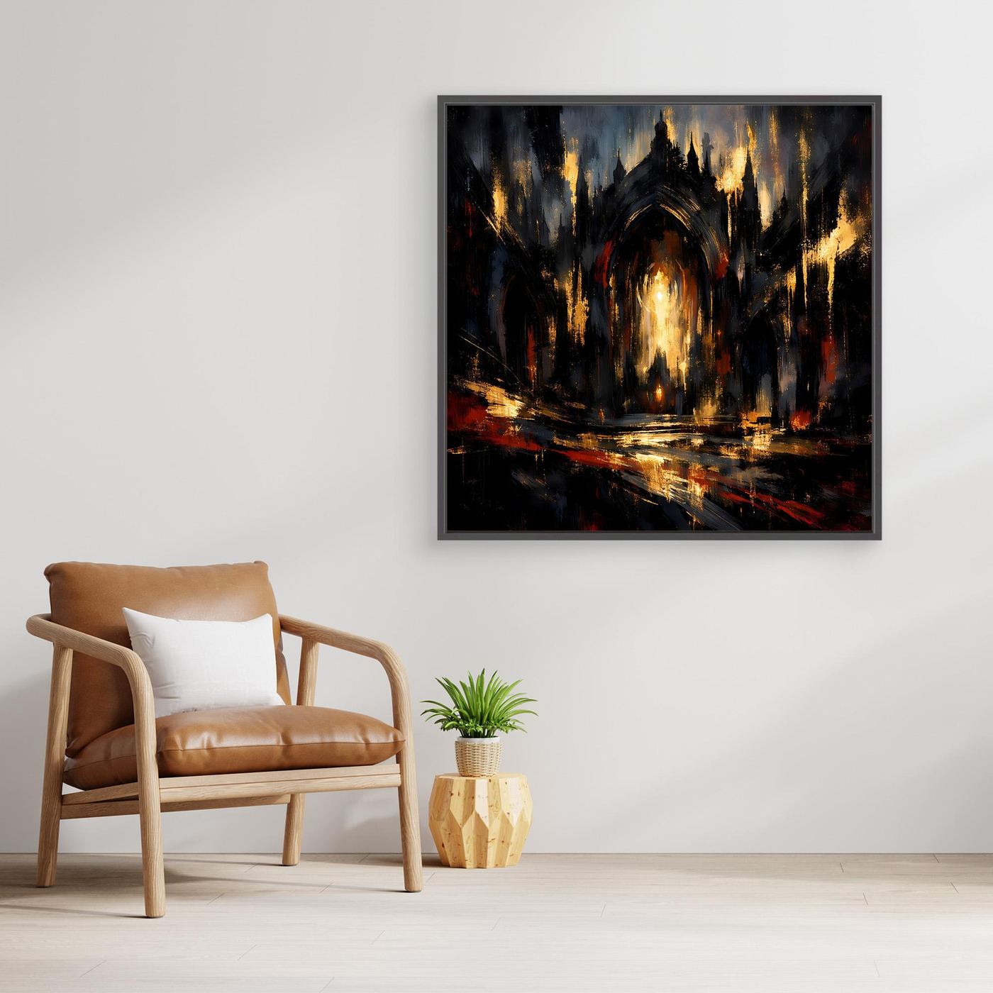 Leinwandbild abstrakte gotische Kathedrale, dunkel, goldene Lichter, schwarzer Rahmen