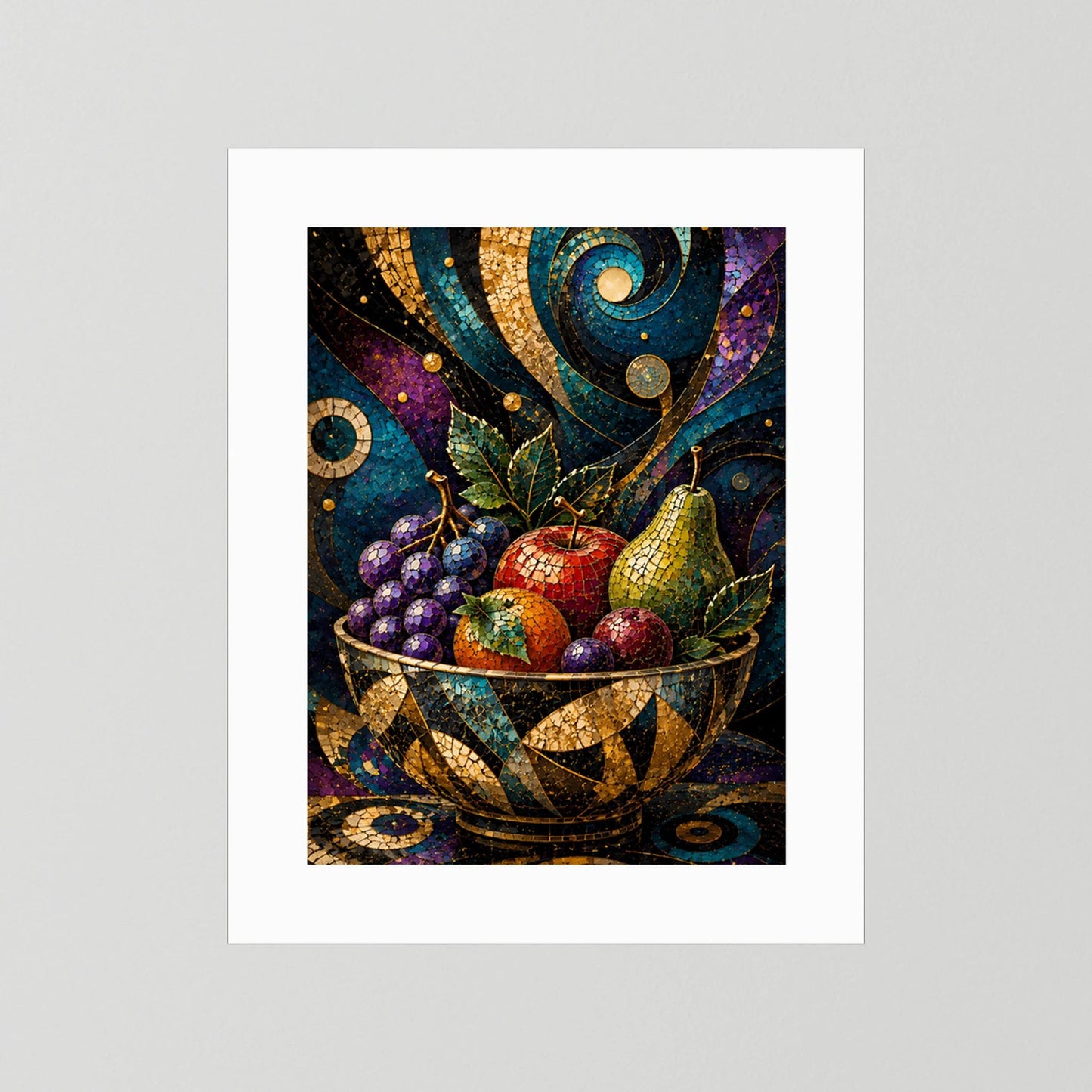 Poster im Hochformat mit weißem Rand und Mosaik-Obstschale aus Trauben und Früchten