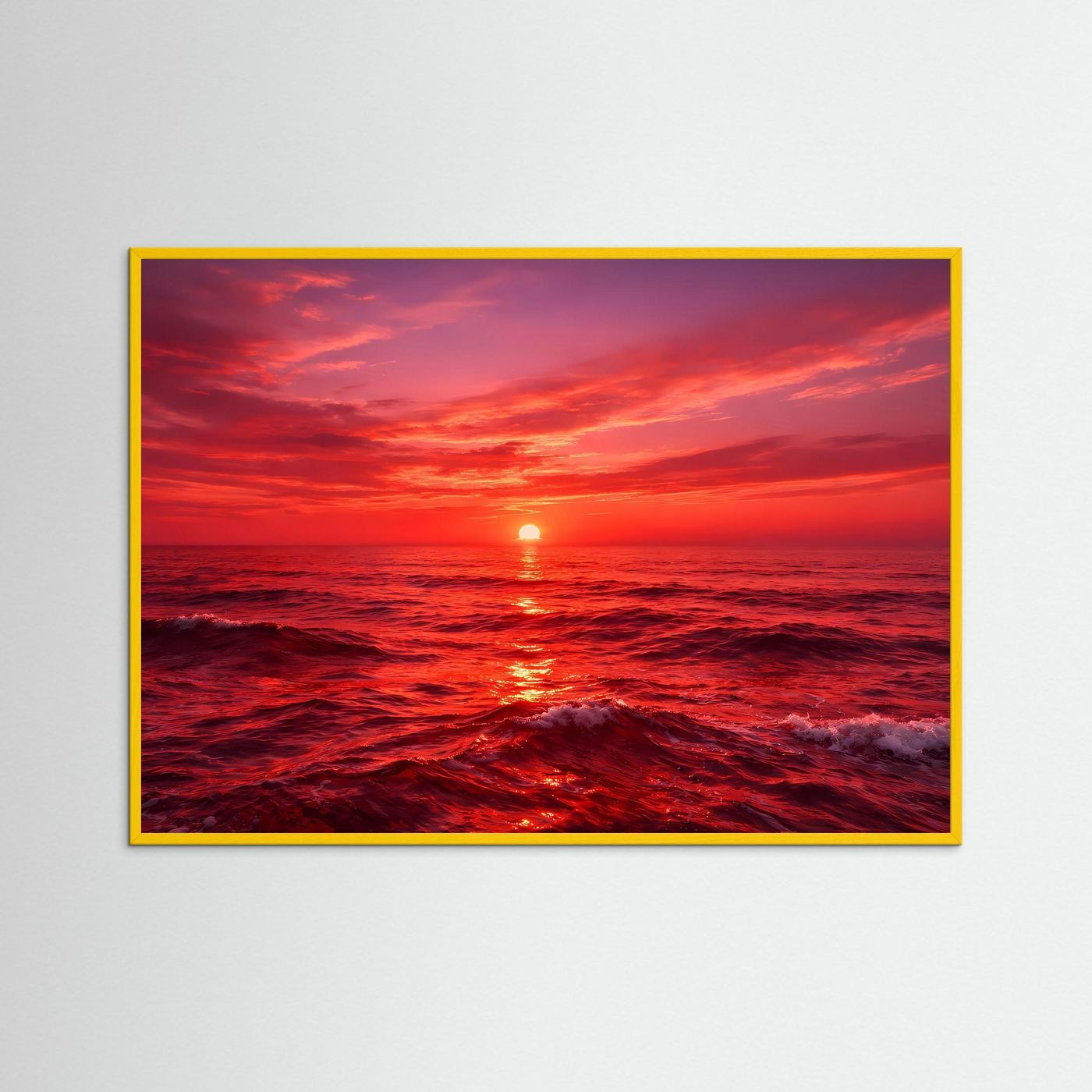 Wandposter mit gelbem Rahmen, Sonnenuntergang über dem Meer, roter Himmel