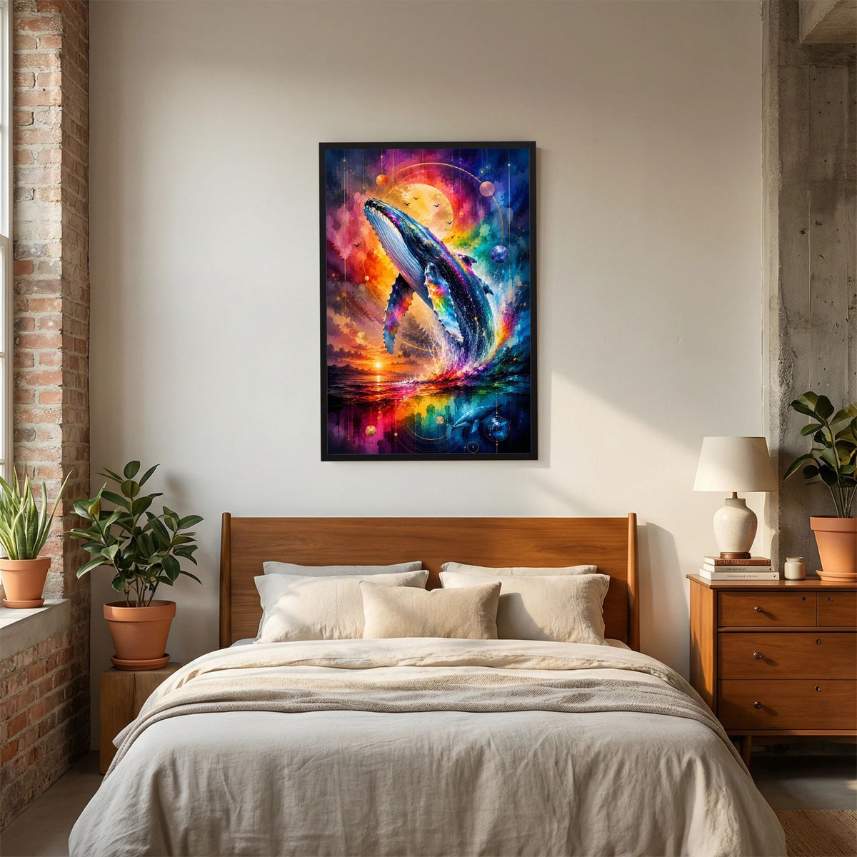 Gerahmtes Poster Hochformat mit Walmotiv in farbiger Raumlandschaft
