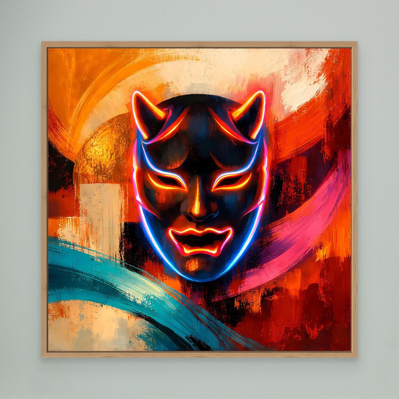 Leinwandbild mit Neon-Oni-Maske, leuchtende Konturen, orange, pink und türkis, heller Rahmen