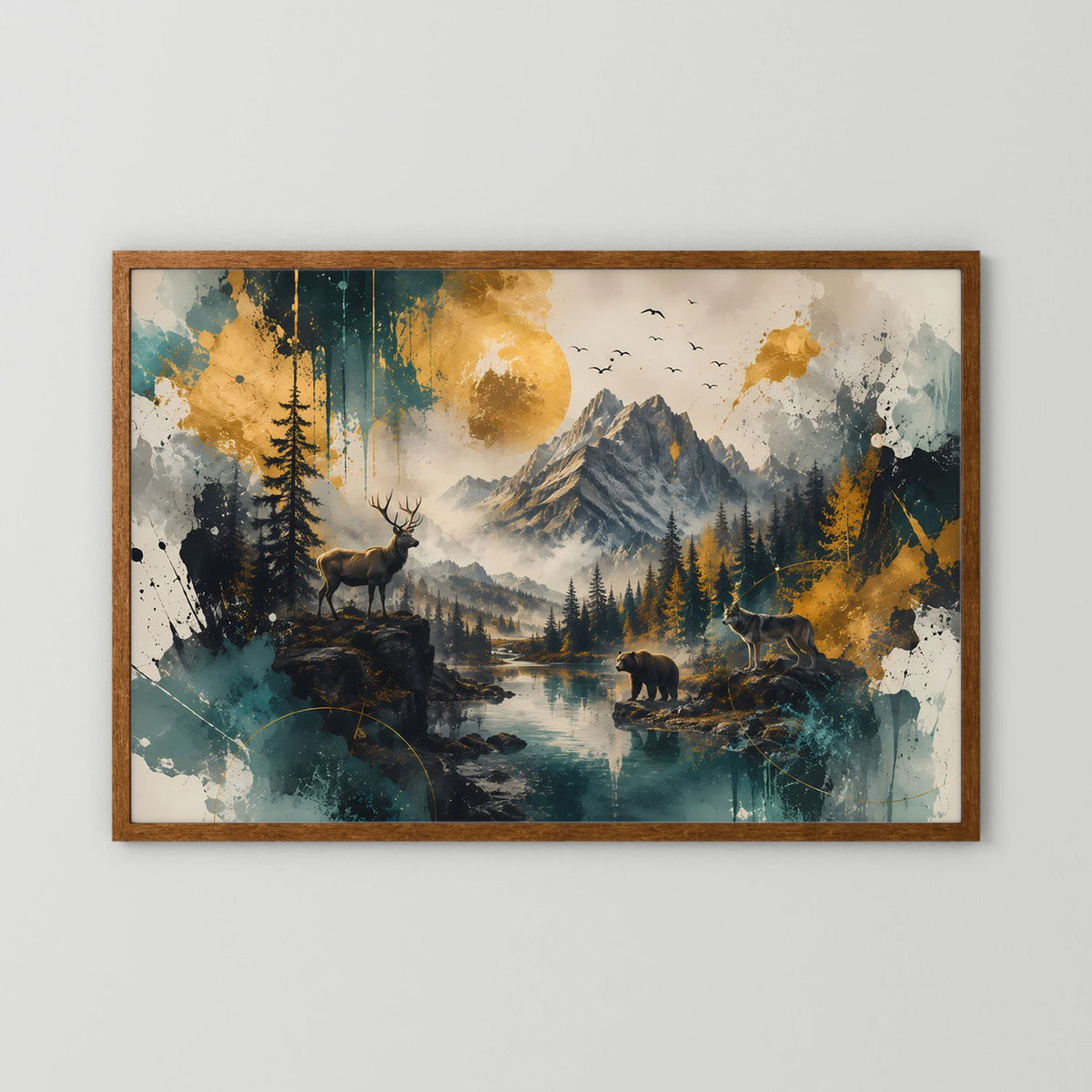 Wildtiere in majestätischer Berglandschaft | Hirsch Wolf und Bär | Poster Querformat