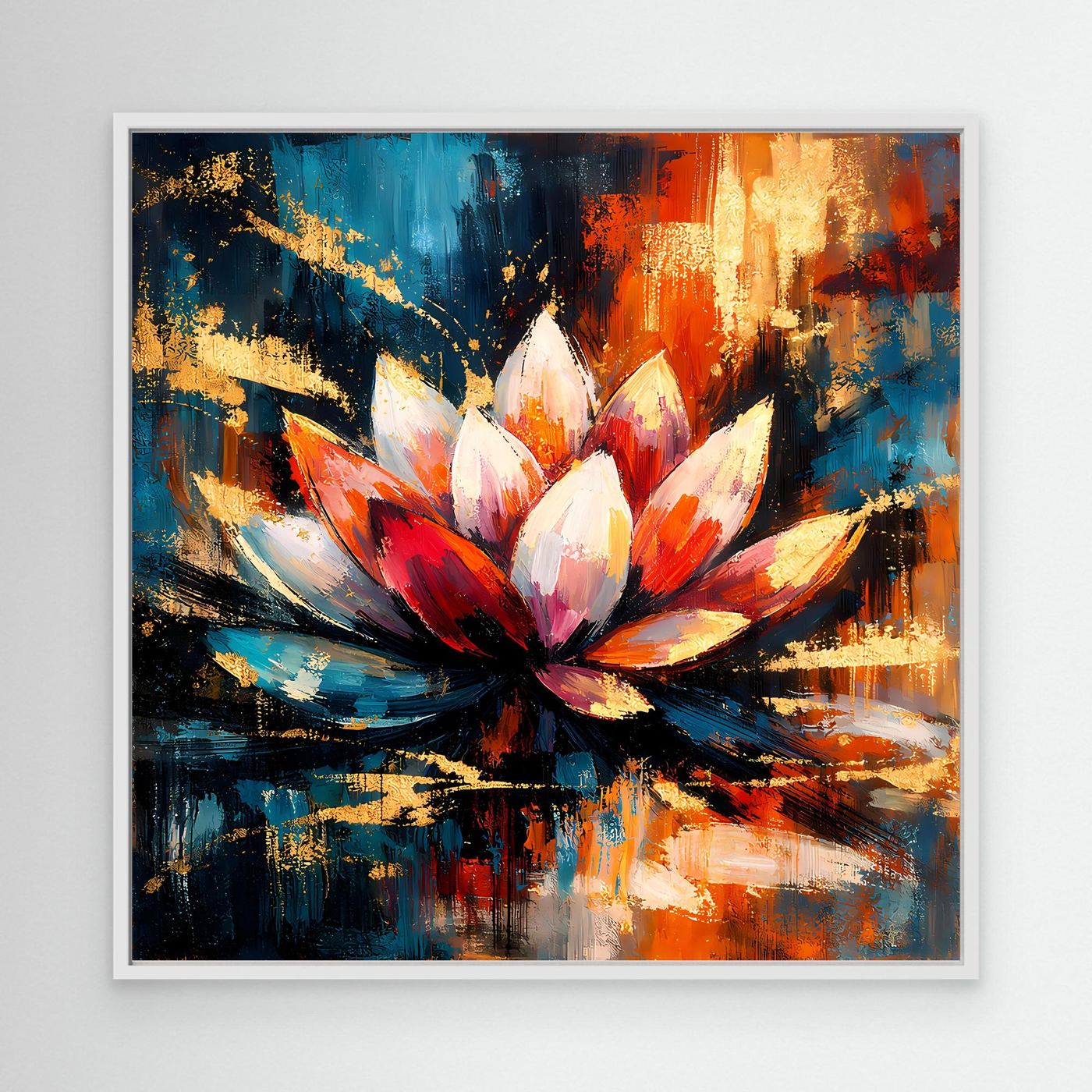Leinwandbild mit abstrakter Lotusblüte in Blau, Rot und Gold mit weißem Rahmen