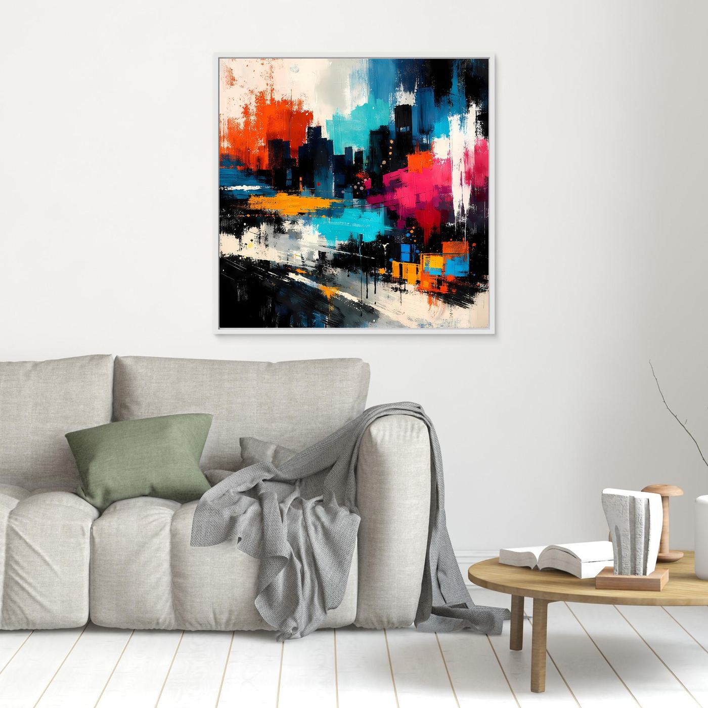 Abstract city skyline canvas wall art with orange, blue and pink city blocks, dark frame