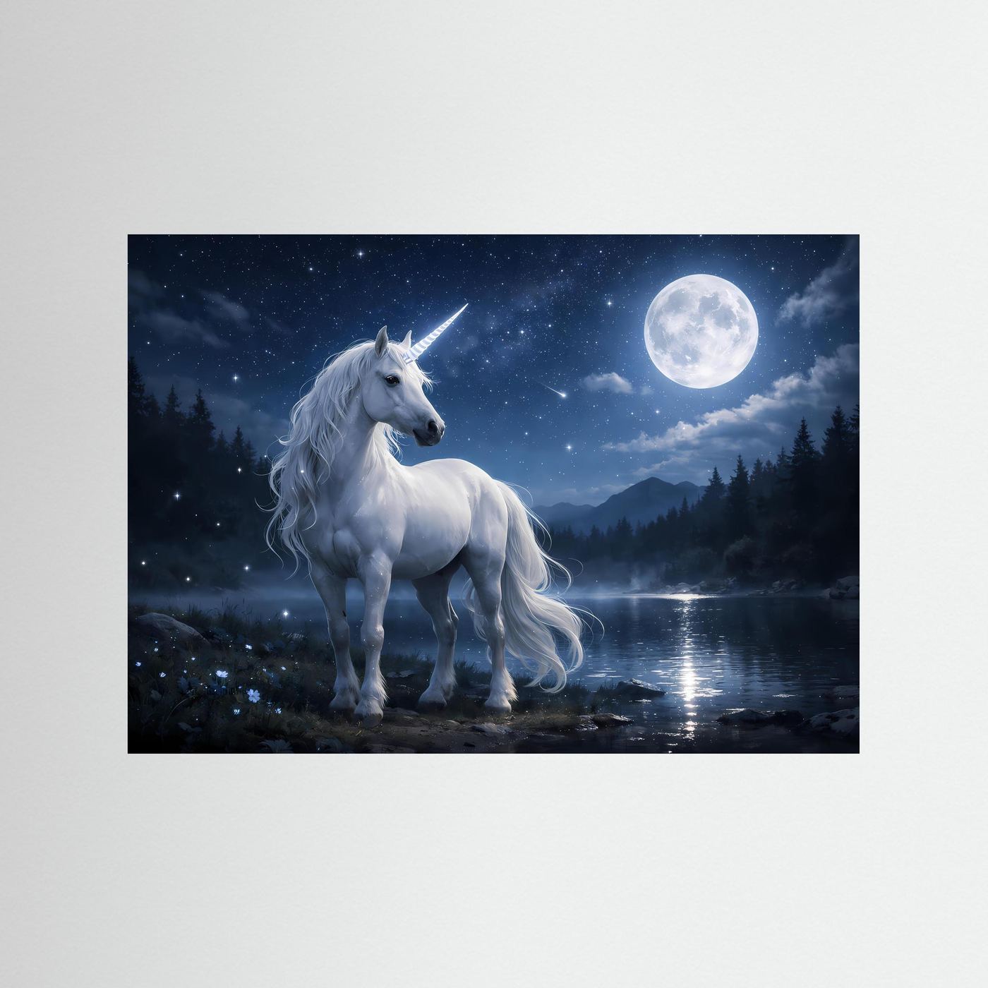 Einhorn-Poster im Mondschein: weißes Einhorn mit funkelndem Horn, querformatig