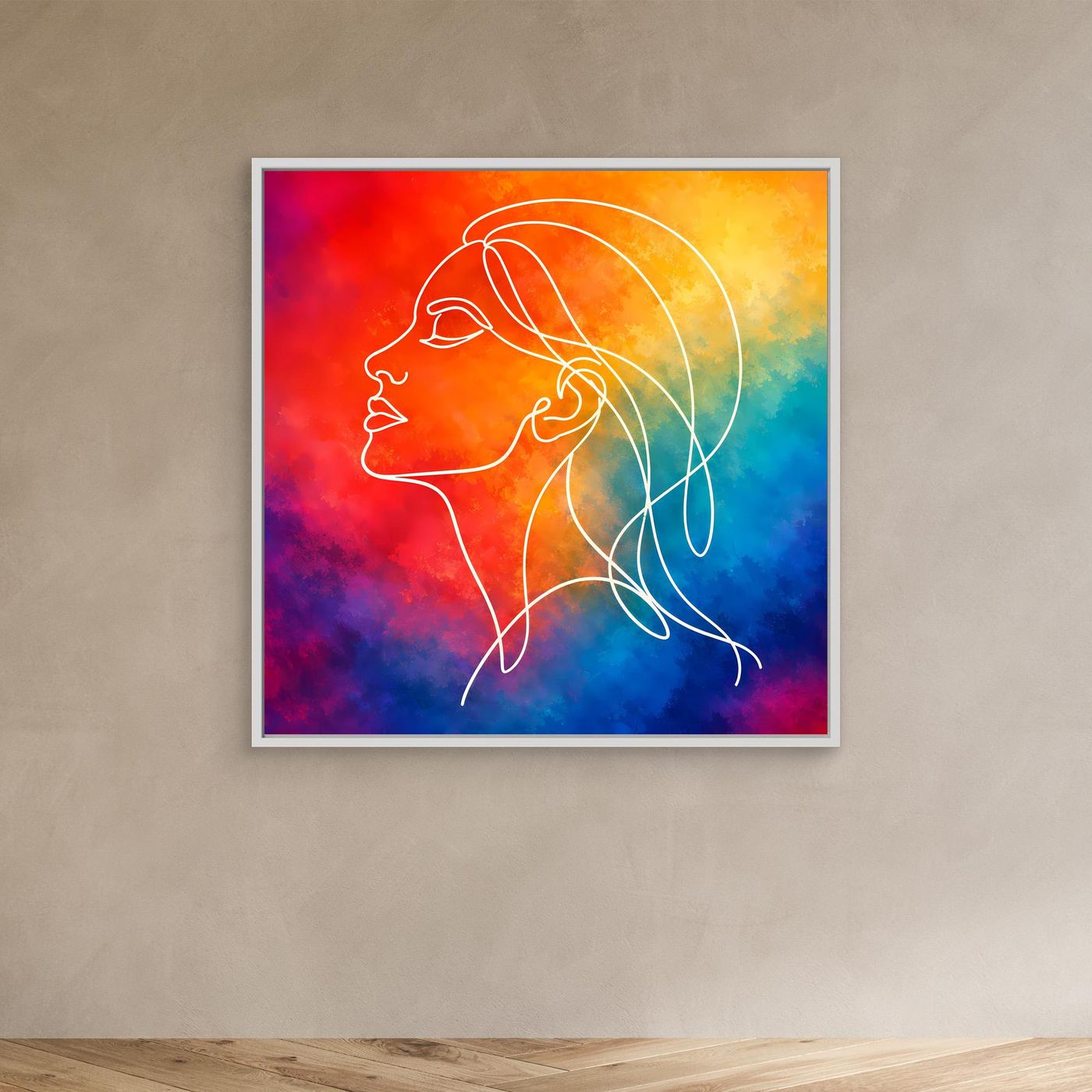 Kleines Leinwandbild Frauen-Silhouette in Line Art, buntes Aquarell, weißer Rahmen