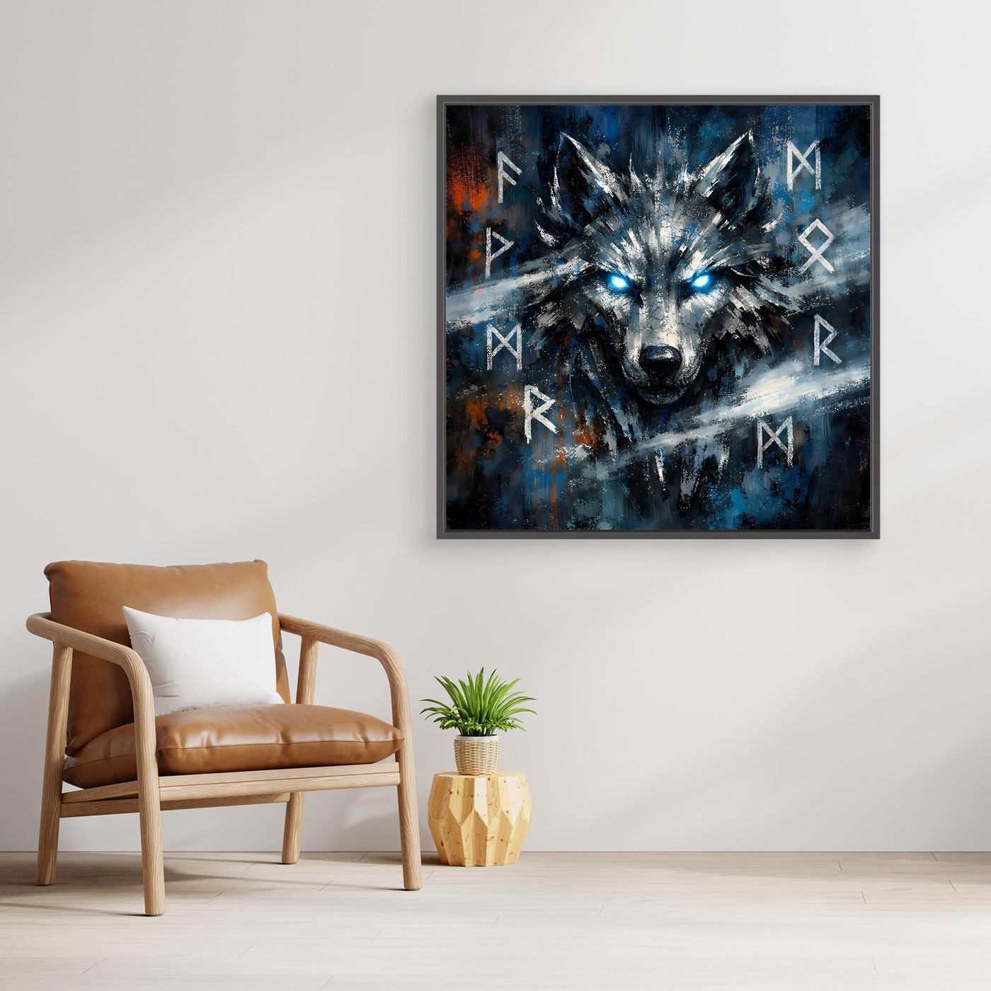 Wandbild mit nordischem Wolf in Blau-Schwarz, leuchtende Augen und Runen, schwarze Einfassung