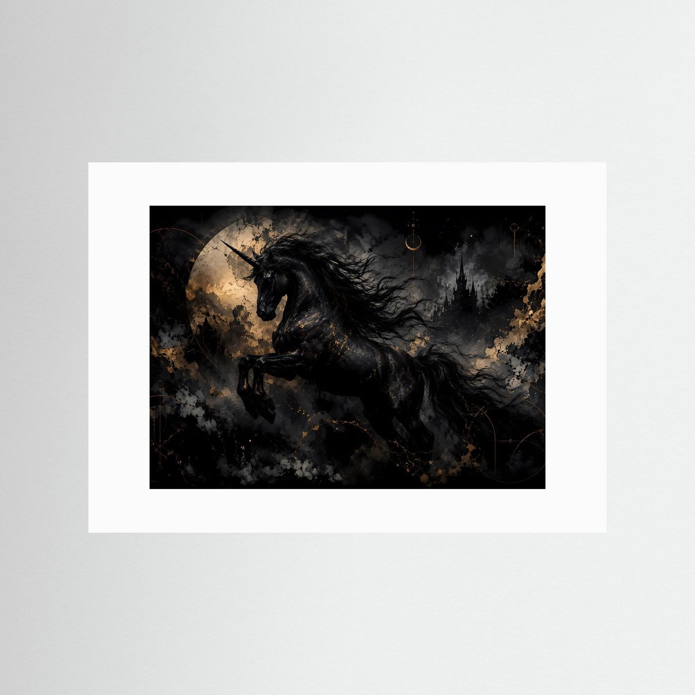 Schwarzes Einhorn Poster | Mystische Fantasy Wandkunst | Gothic Unicorn | Gold Schwarz Kunst | Premium Leinwandbild