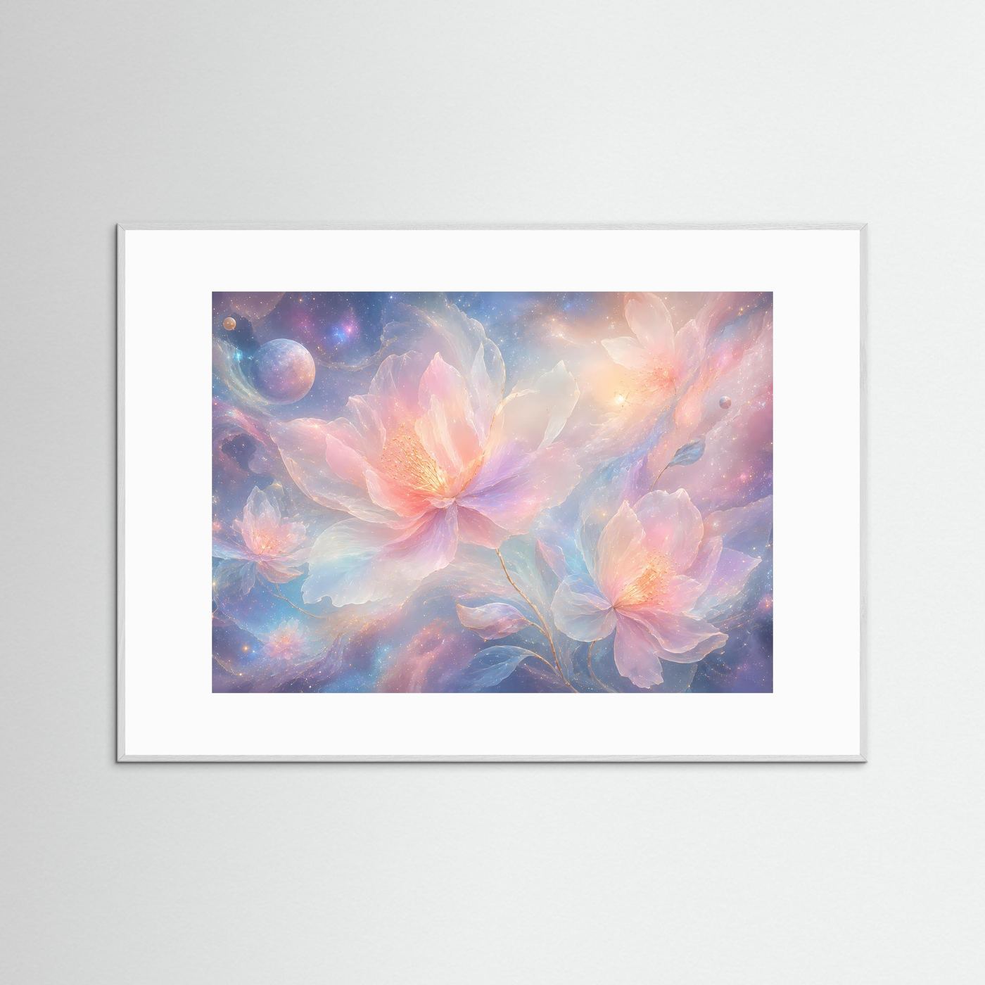 Kosmische Blumen Poster | Pastell Galaxy Wandkunst | Surreale Blumen mit Sternenhimmel | Modernes Fantasy Wandbild