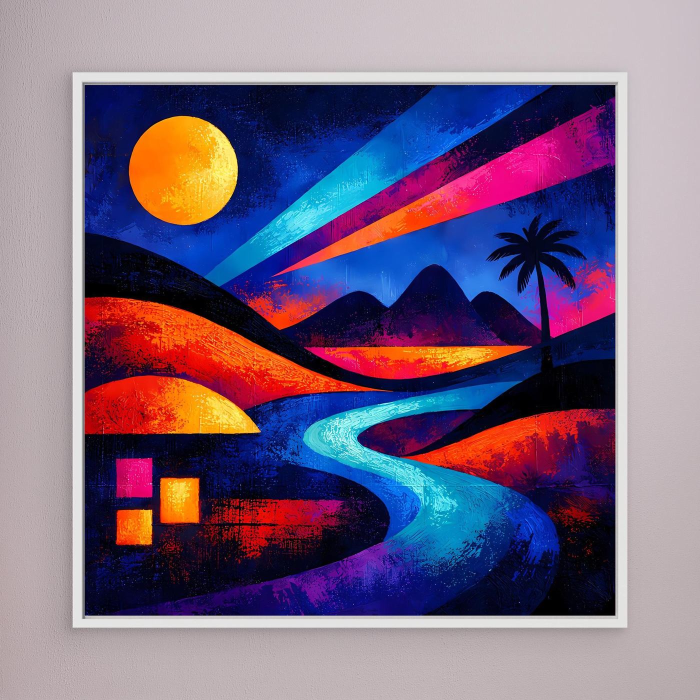 Quadratisches Leinwand-Wandbild mit Sonnenmond, bunter Wüstenoase, Fluss und Palme bei Nacht, weiß gerahmt.