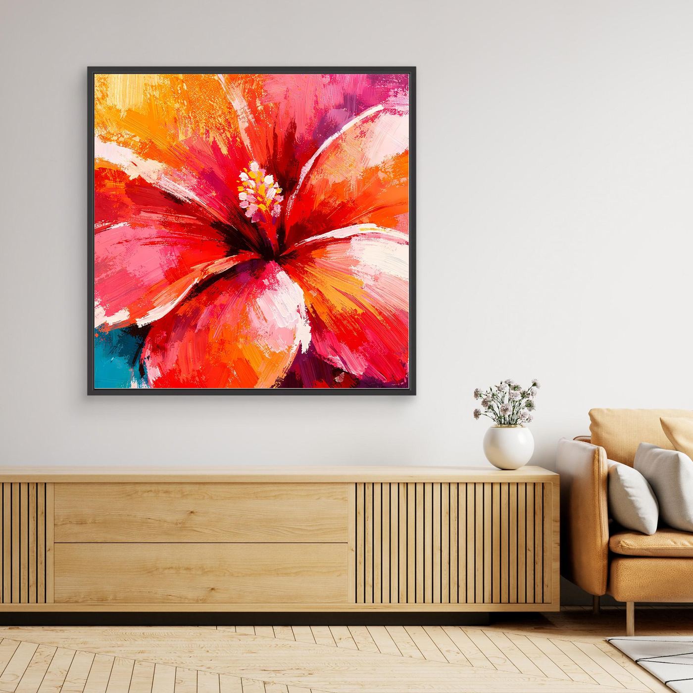 Leinwand Abstraktes Hibiskus Blütenbild | Modernes Tropen Wandbild Rot Pink