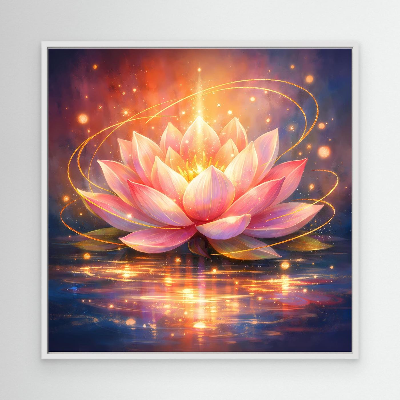 Leinwandbild Lotusblüte mit Lichtlinien, rosa Blüten, weißer Rahmen
