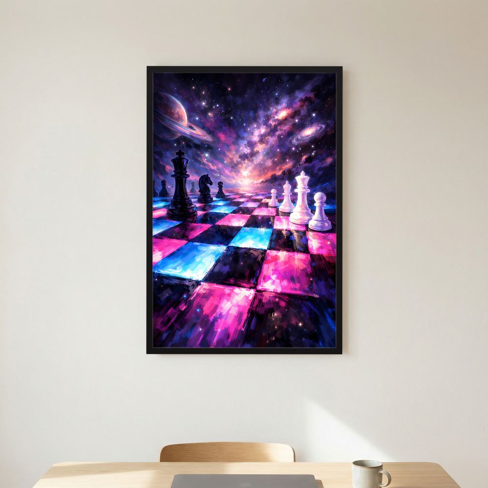 Schachposter mit schwarzem Rahmen und Galaxie-Schachbrett, vorderseitig mit Figuren