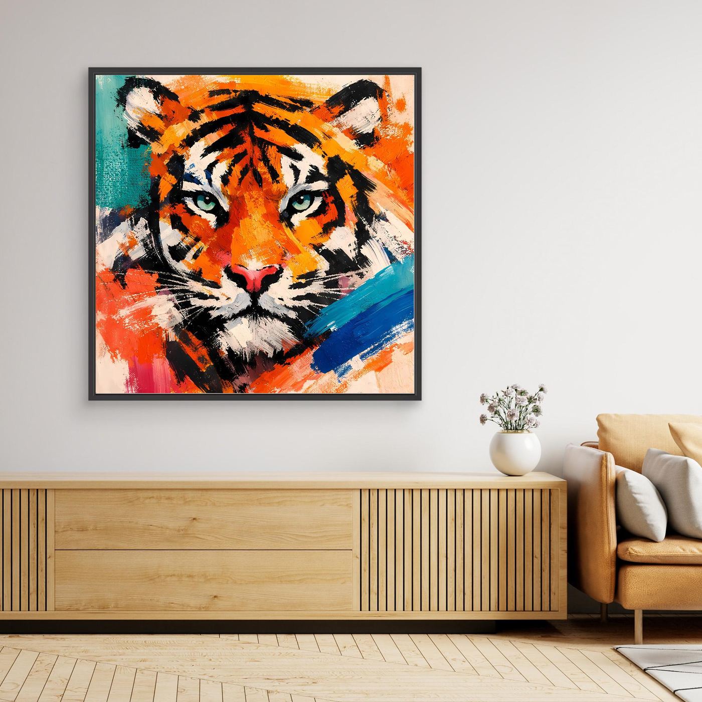 Framed abstract tiger wall print with orange and teal accents and bold eyes