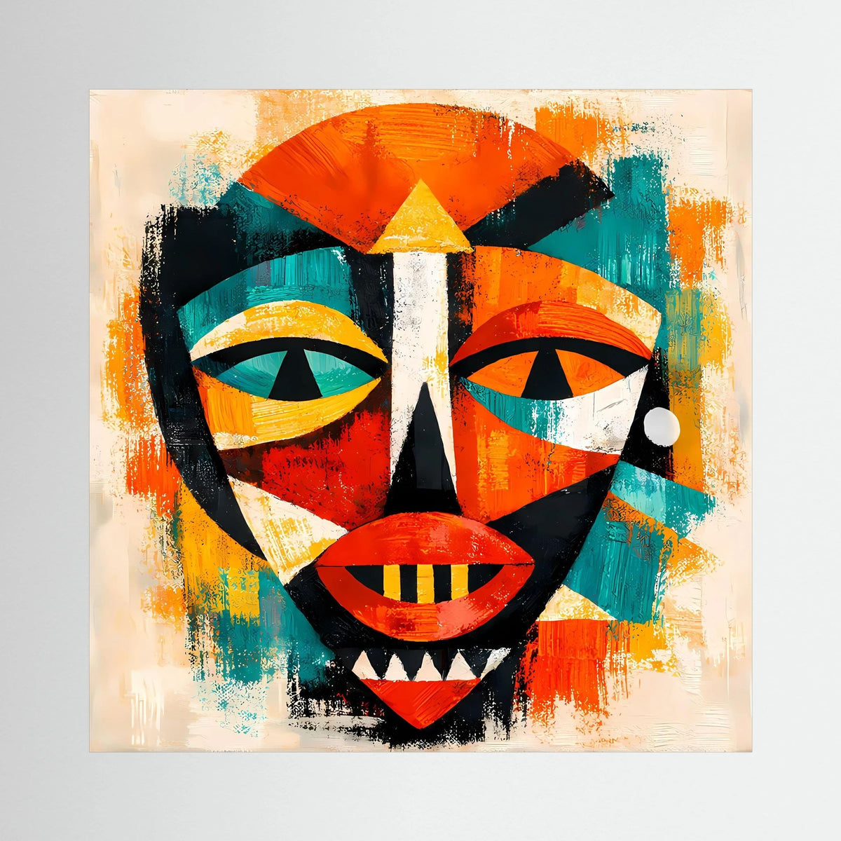 Leinwandbild mit abstrakter afrikanischer Maske, farbige Geometrie in Orange, Türkis, Rot