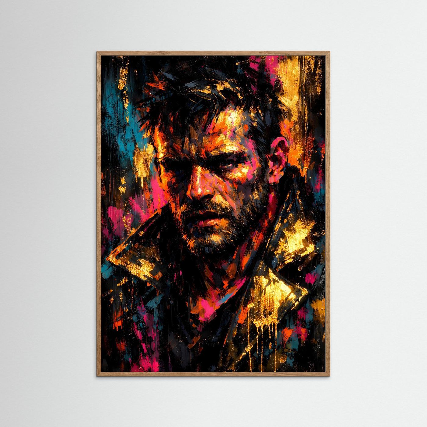 Kunstposter mit abstraktem Porträt im Noir-Stil, Neonfarben, im Holzrahmen