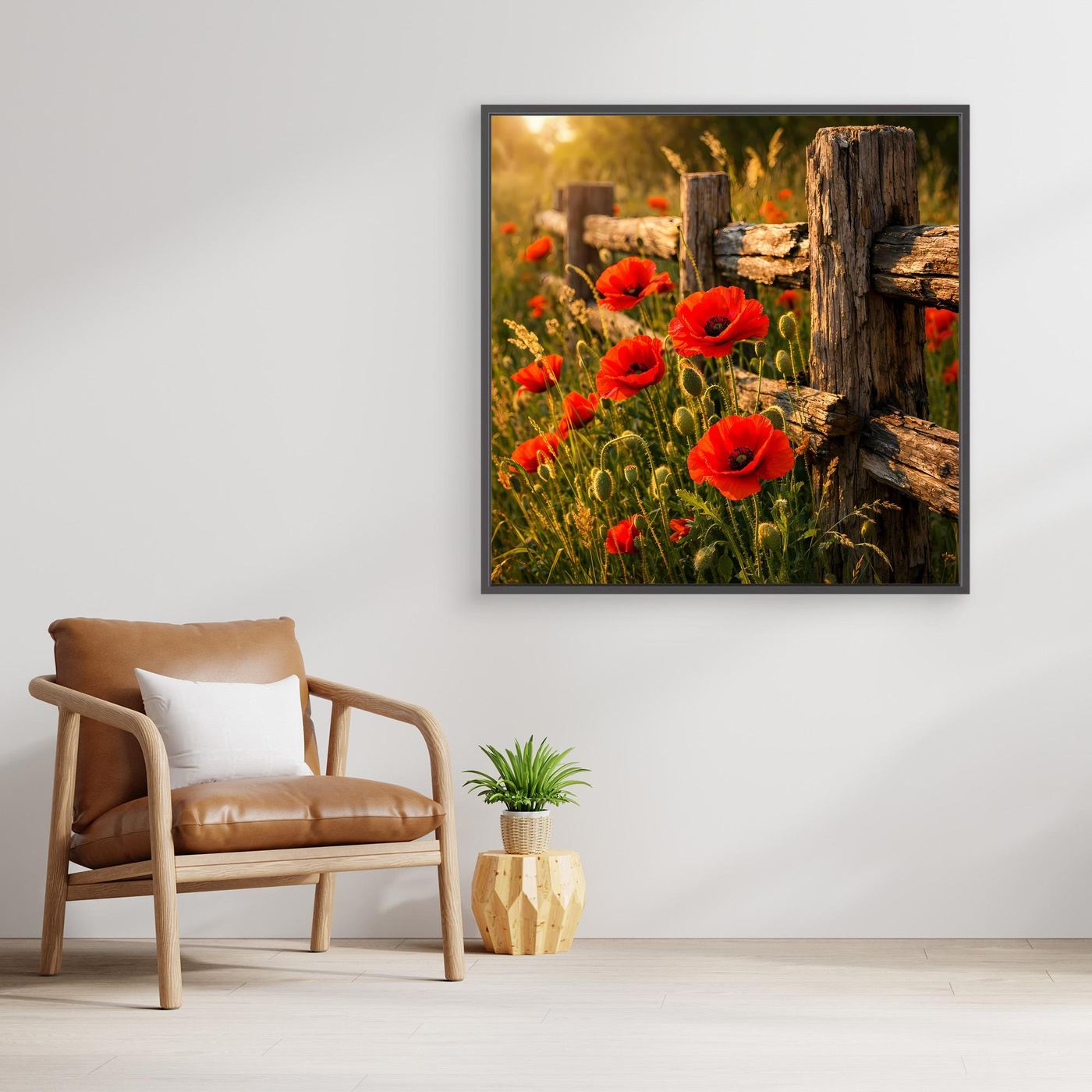 Gerahmtes Leinwandbild mit roten Mohnblumen am Holzzaun