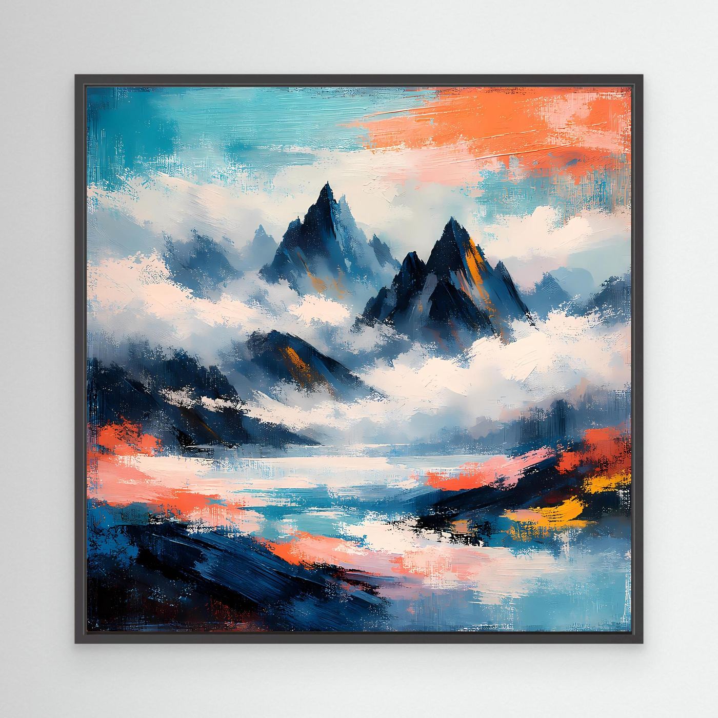 Wandbild mit abstrakten Berggipfeln im Nebelmeer, blau-orangefarbene Pinselstruktur, schwarzer Rahmen