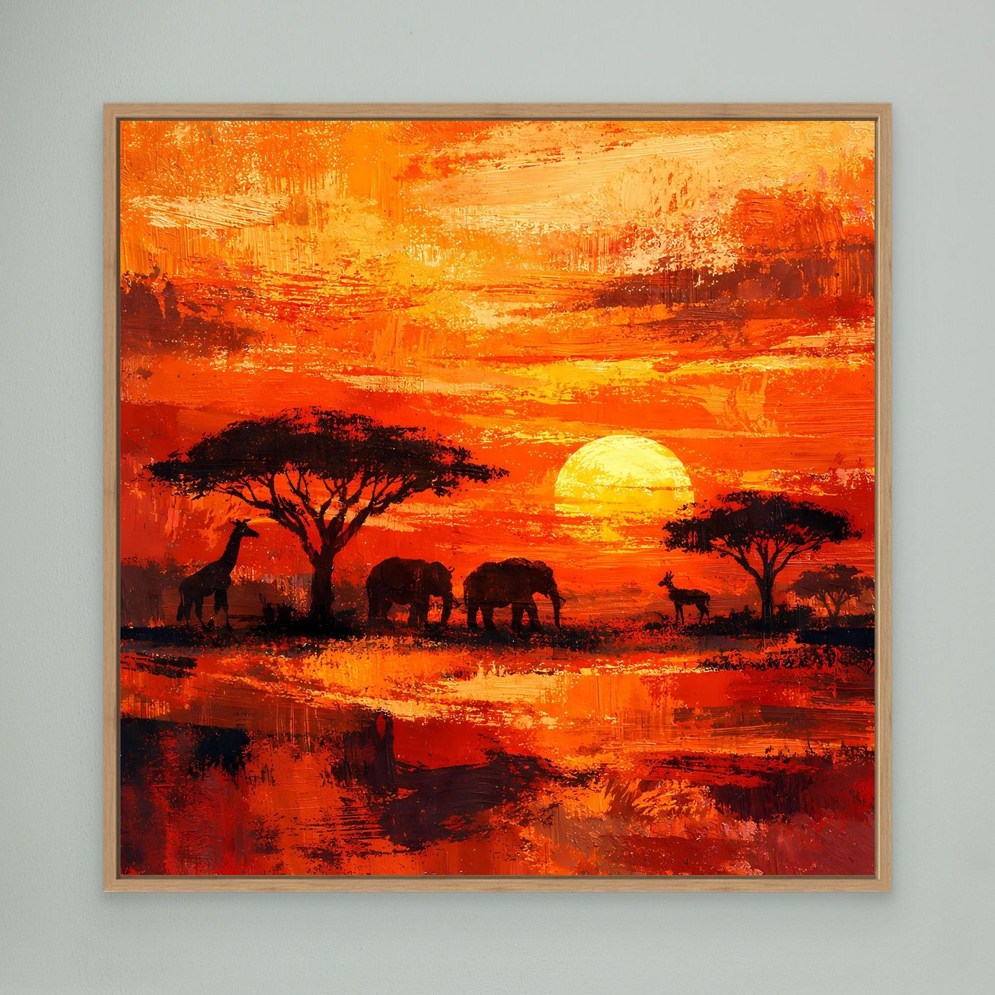 Leinwand Afrikanische Savanne bei Sonnenuntergang | Modernes Elefanten & Giraffen Wandbild