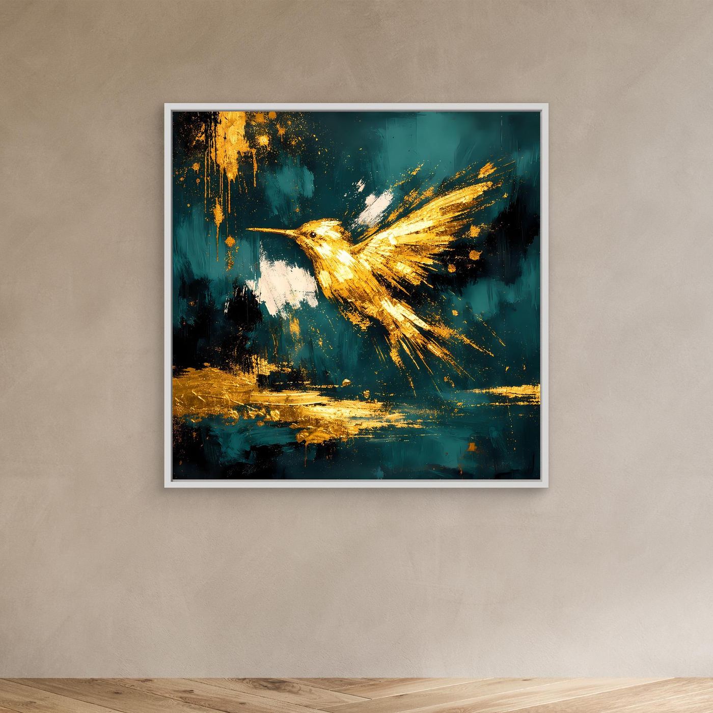 Leinwand Goldener Kolibri im Flug | Abstraktes Modernes Vogel Wandbild Kunst