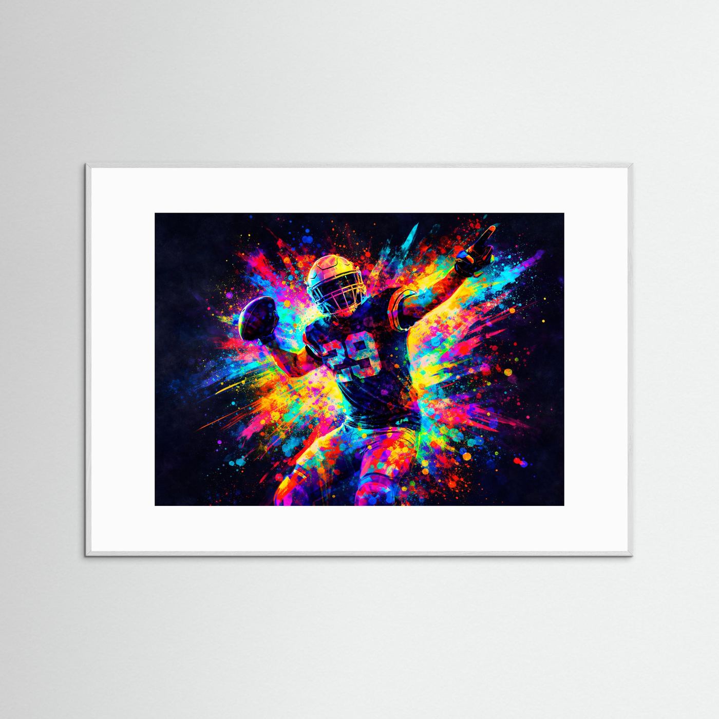 American-Football-Poster: Quarterback im Neon-Farbrausch, weißer Rand ohne sichtbaren Holzrahmen