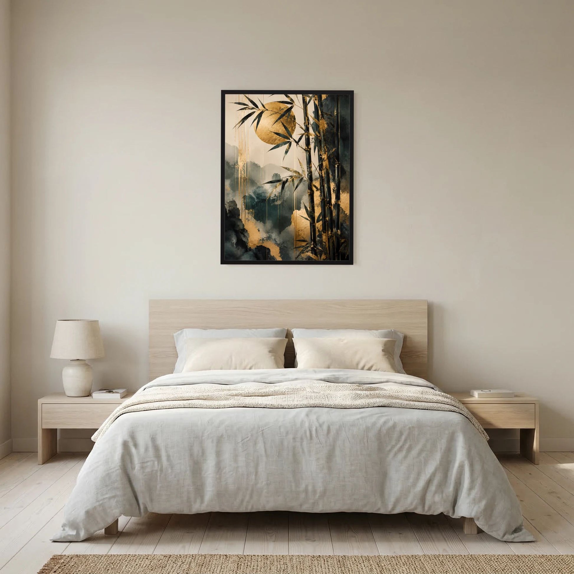 Poster im Hochformat mit abstraktem Bambusmotiv, dunkler Rahmen, goldene Akzente