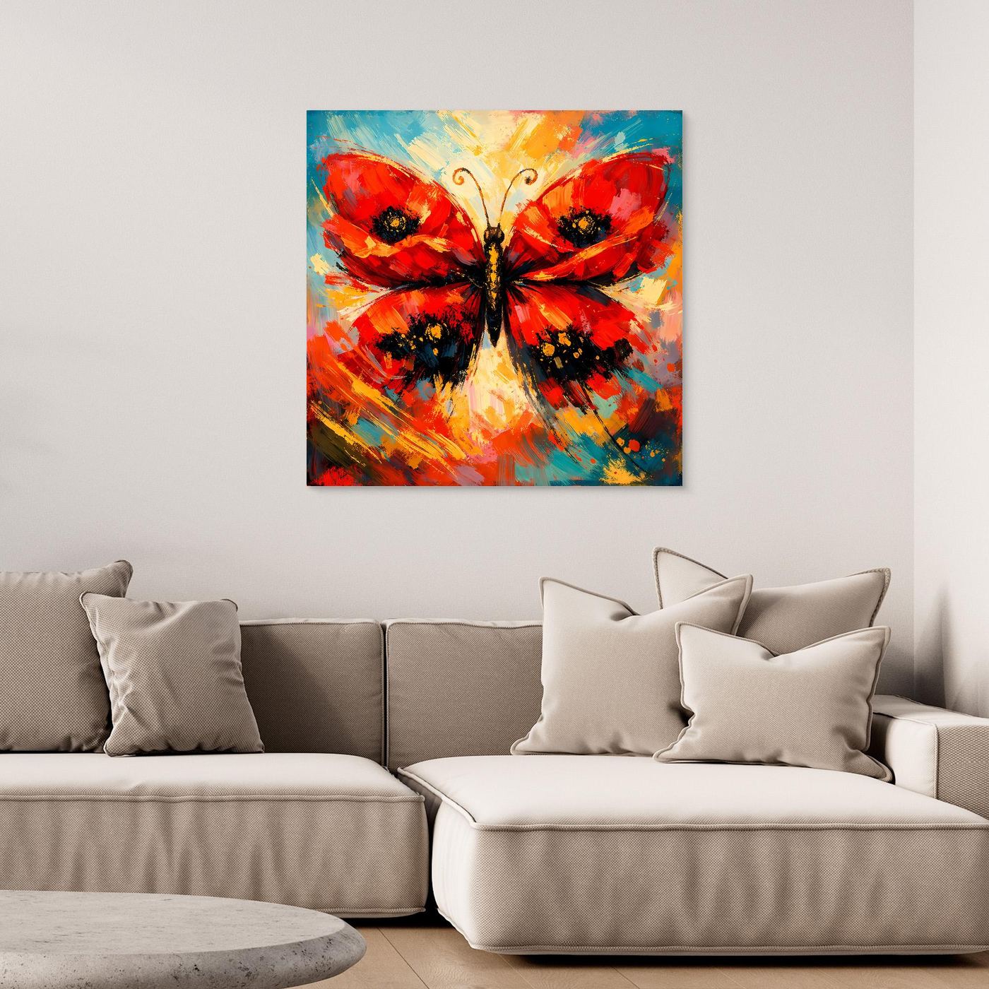 Leinwandbild mit abstraktem Schmetterling in Rot, Schwarz, Blau und Türkis