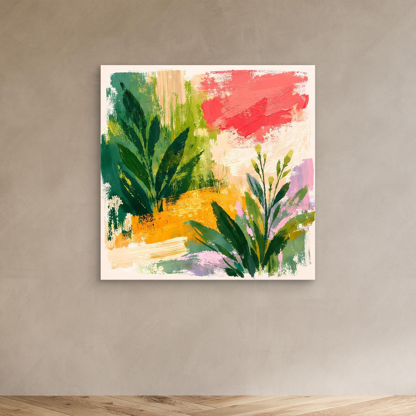 Abstract botanical landscape canvas print with green foliage, orange details, and red paint