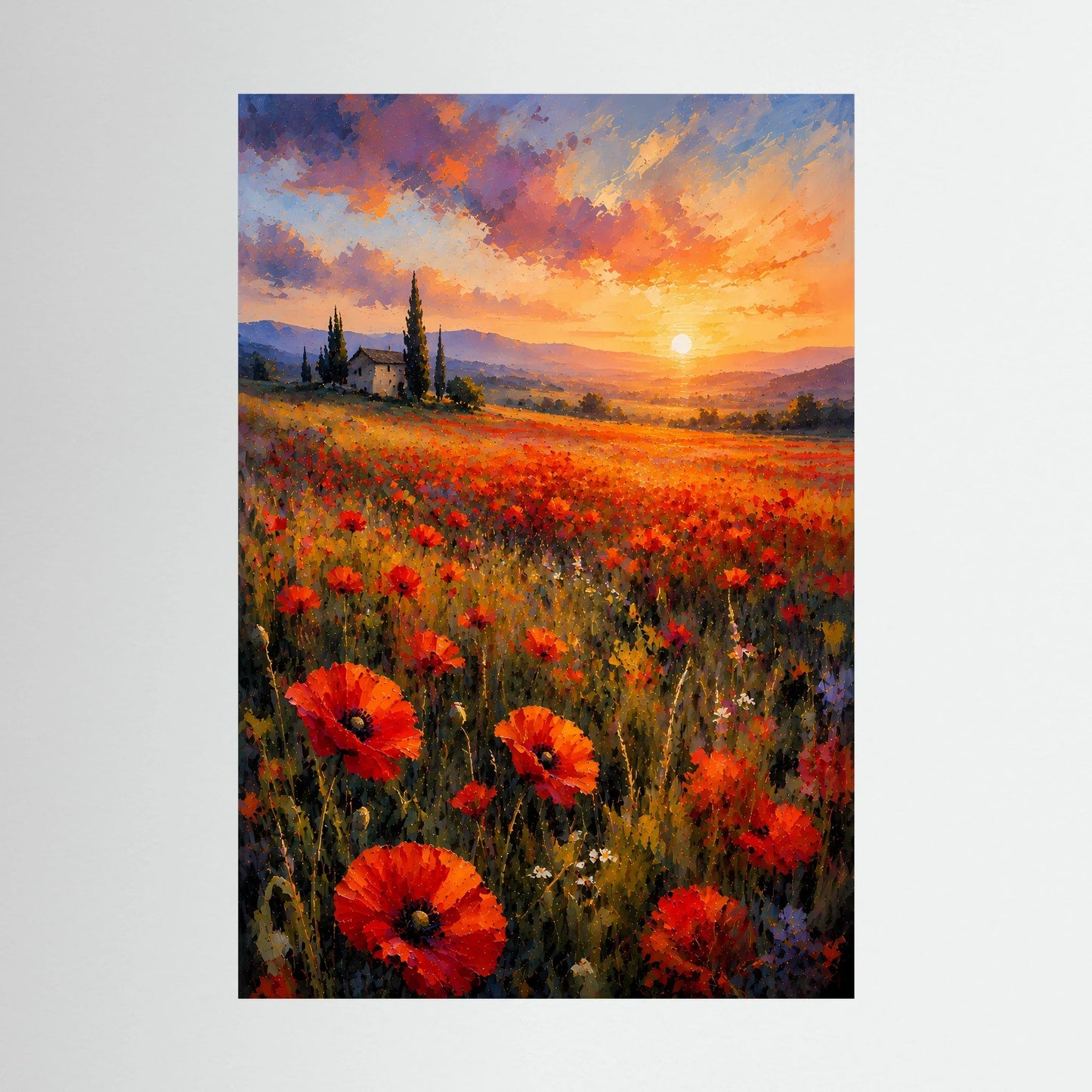 Hochformat-Poster mit Mohnblumen und Abendhimmel in Rot-Orange, ohne Rahmen