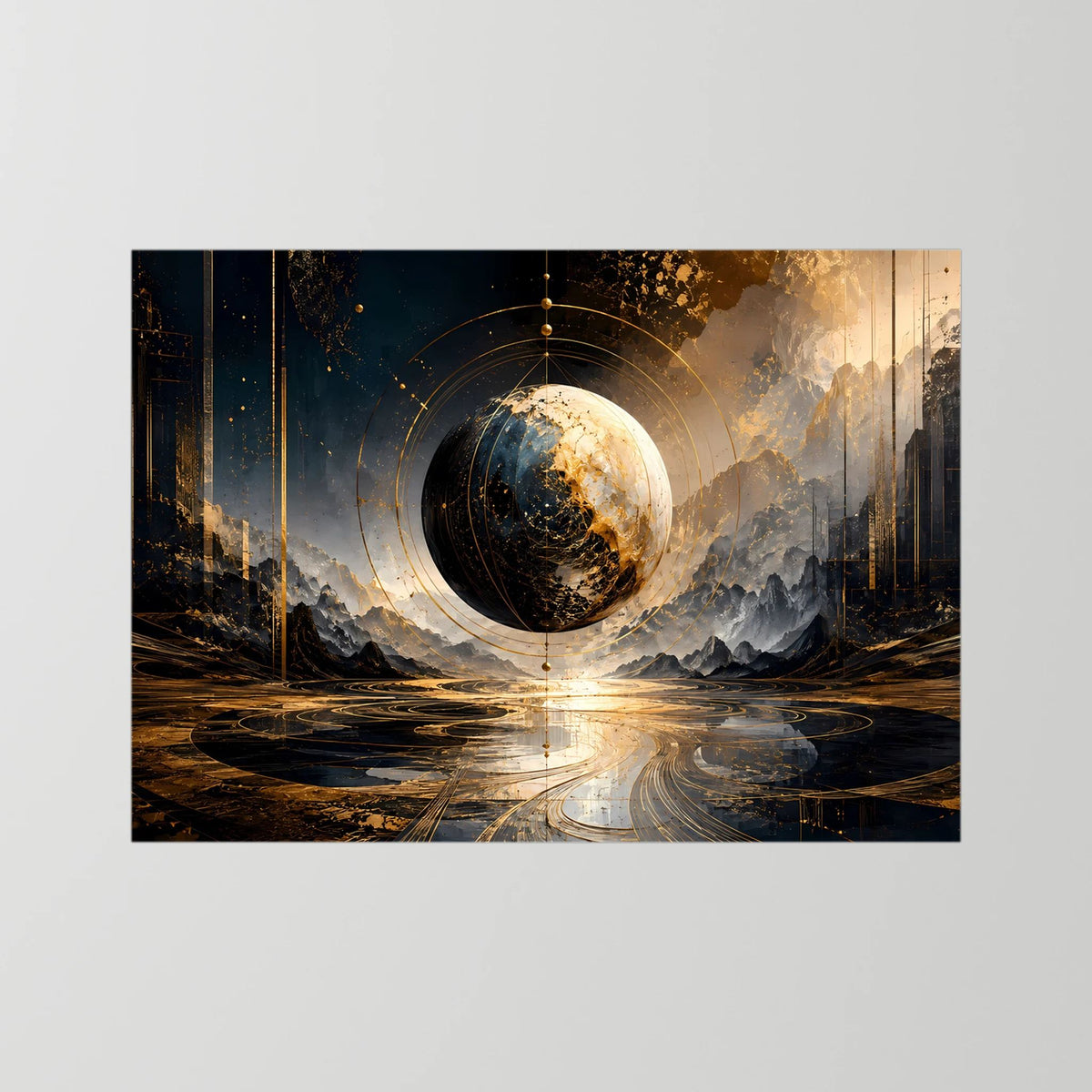 Weltkugel-Poster: goldene Planetensphäre über düsterer Landschaft, ohne sichtbaren Rahmen