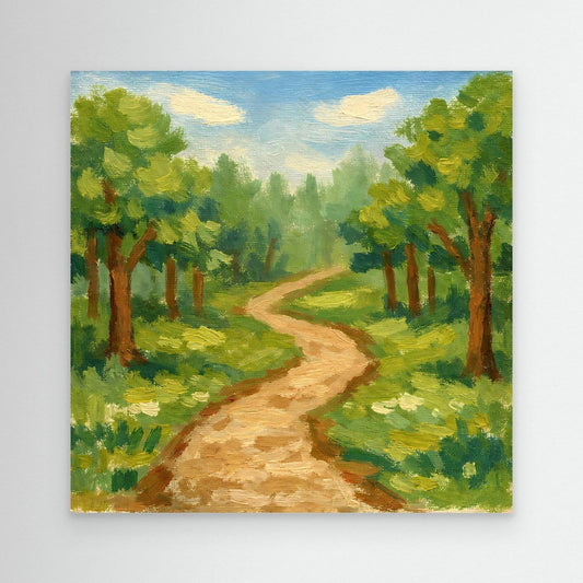 Leinwandbild „Idyllischer Waldweg“: gepinselter Weg durch grünen Wald, ohne Rahmen.