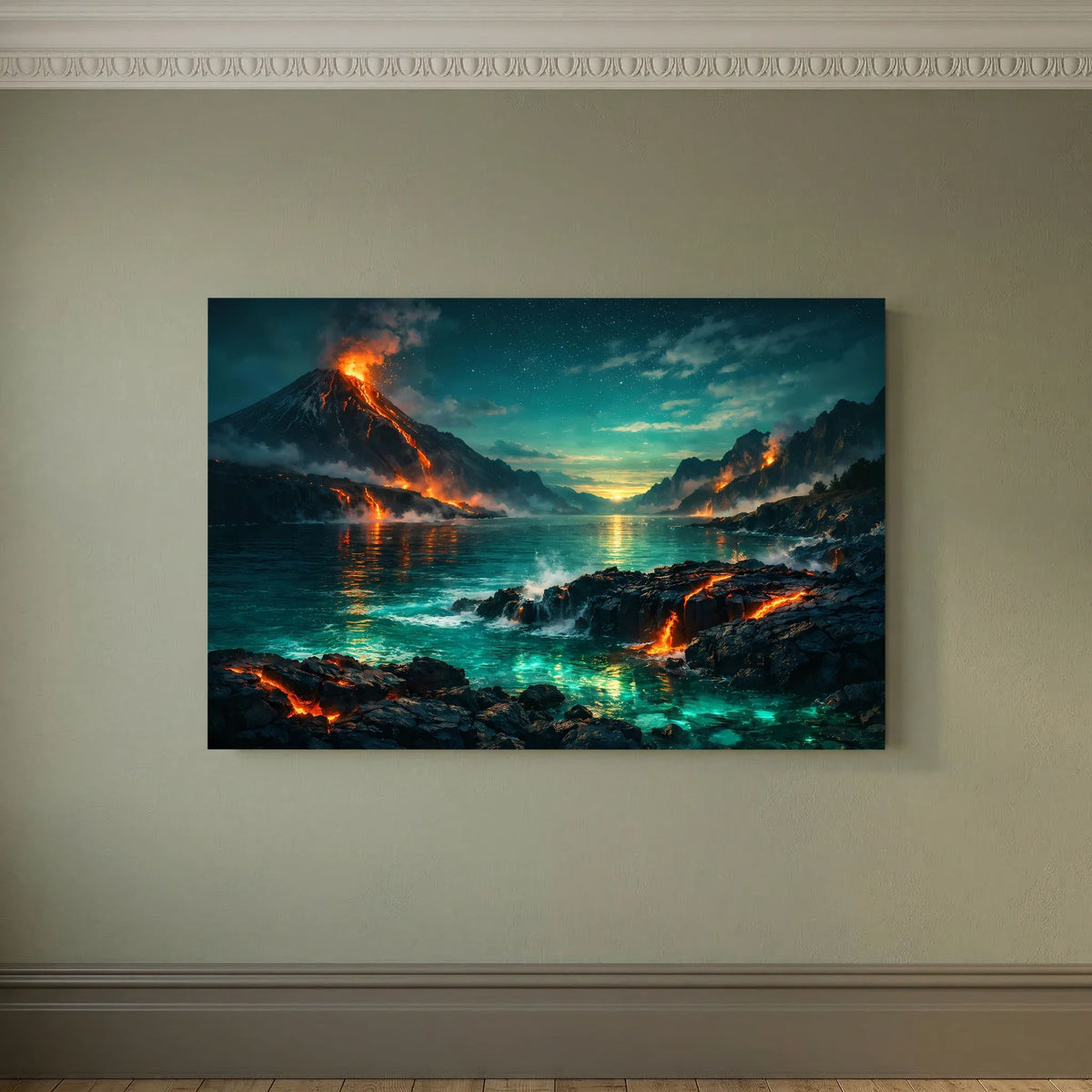 Querformatiges Poster mit Vulkanen über Meerwasser, leuchtende Lava und dunkle Berge
