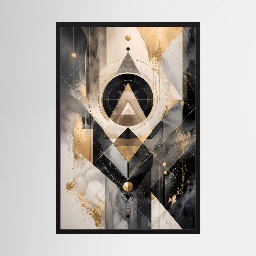 Abstraktes Kunstposter im Hochformat mit geometrischen Formen in Schwarz, Gold und Beige, schwarzer Rahmen.