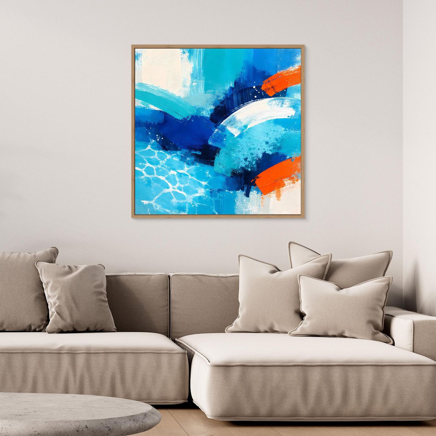 Framed abstract canvas wall art with blue sea waves and orange strokes