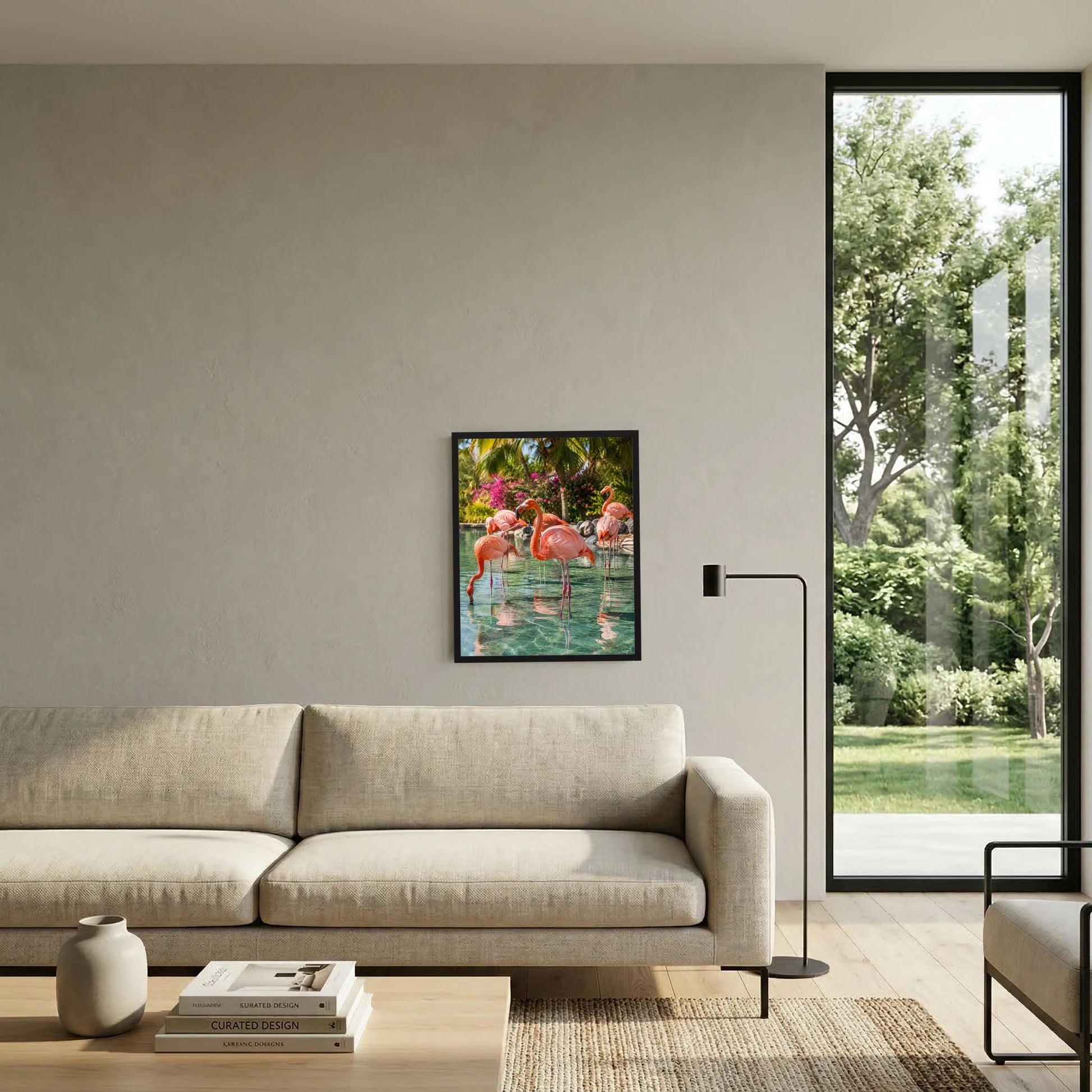 Hochformat-Poster mit rosa Flamingos am Wasser im schwarzen Rahmen