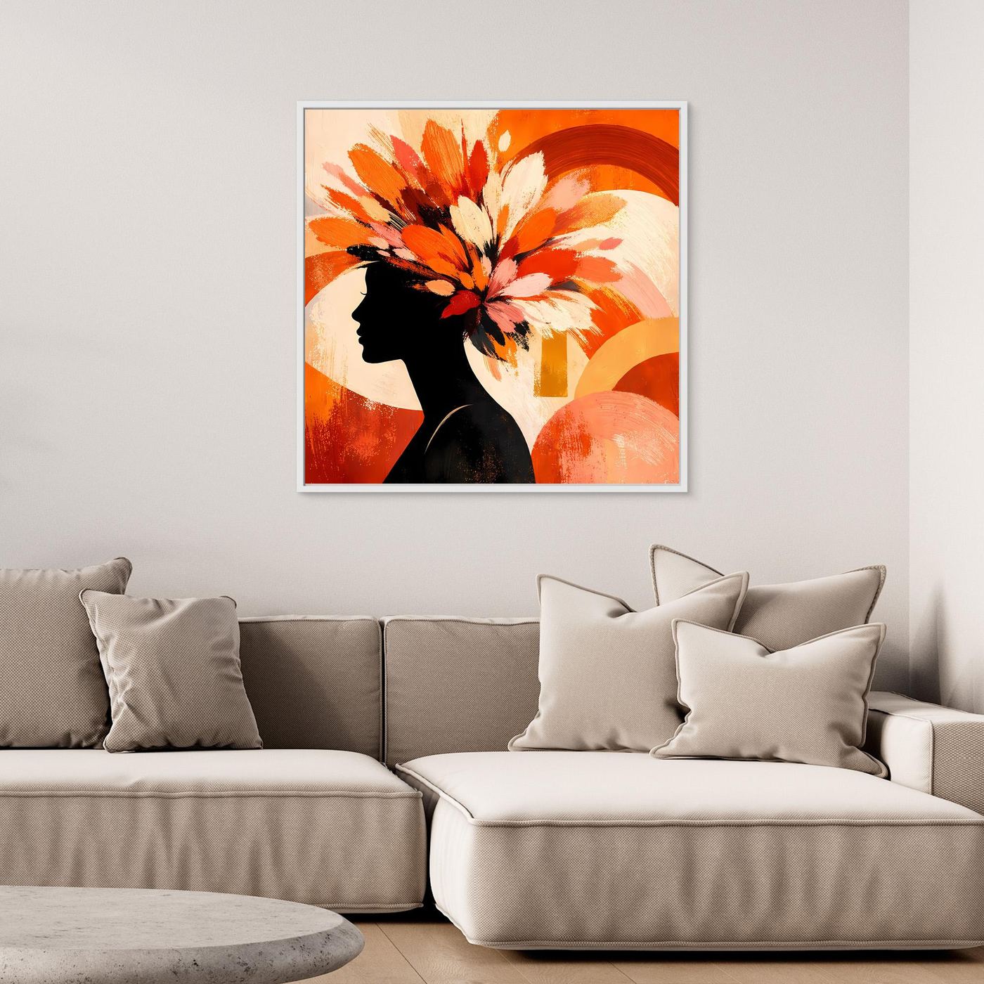 Leinwandbild: Frauen-Silhouette im Profil mit roten und weißen Blumen, abstrakt, schwarz gerahmt