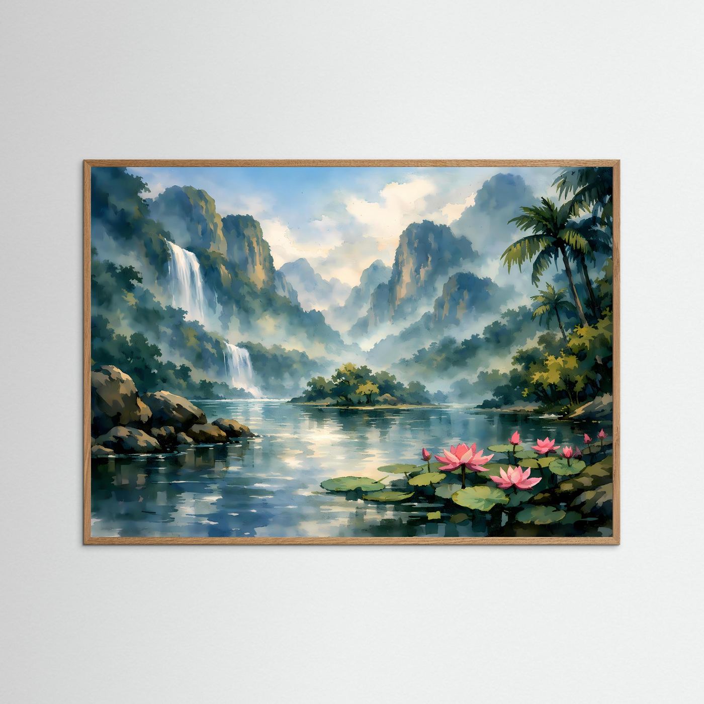 Querformatiger Kunst-Print im braunen Rahmen: Wasserfall in den See, Seerosen im Vordergrund.
