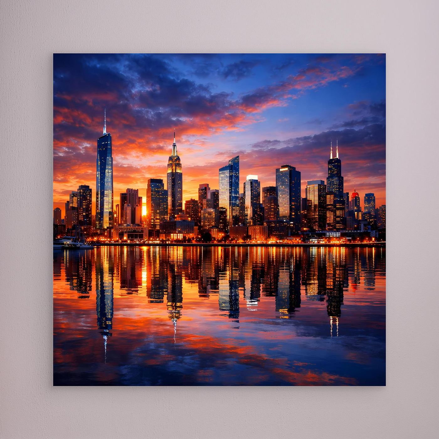 Leinwand Atemberaubende City Skyline im Abendrot | Urbanes New York Stil Wandbild