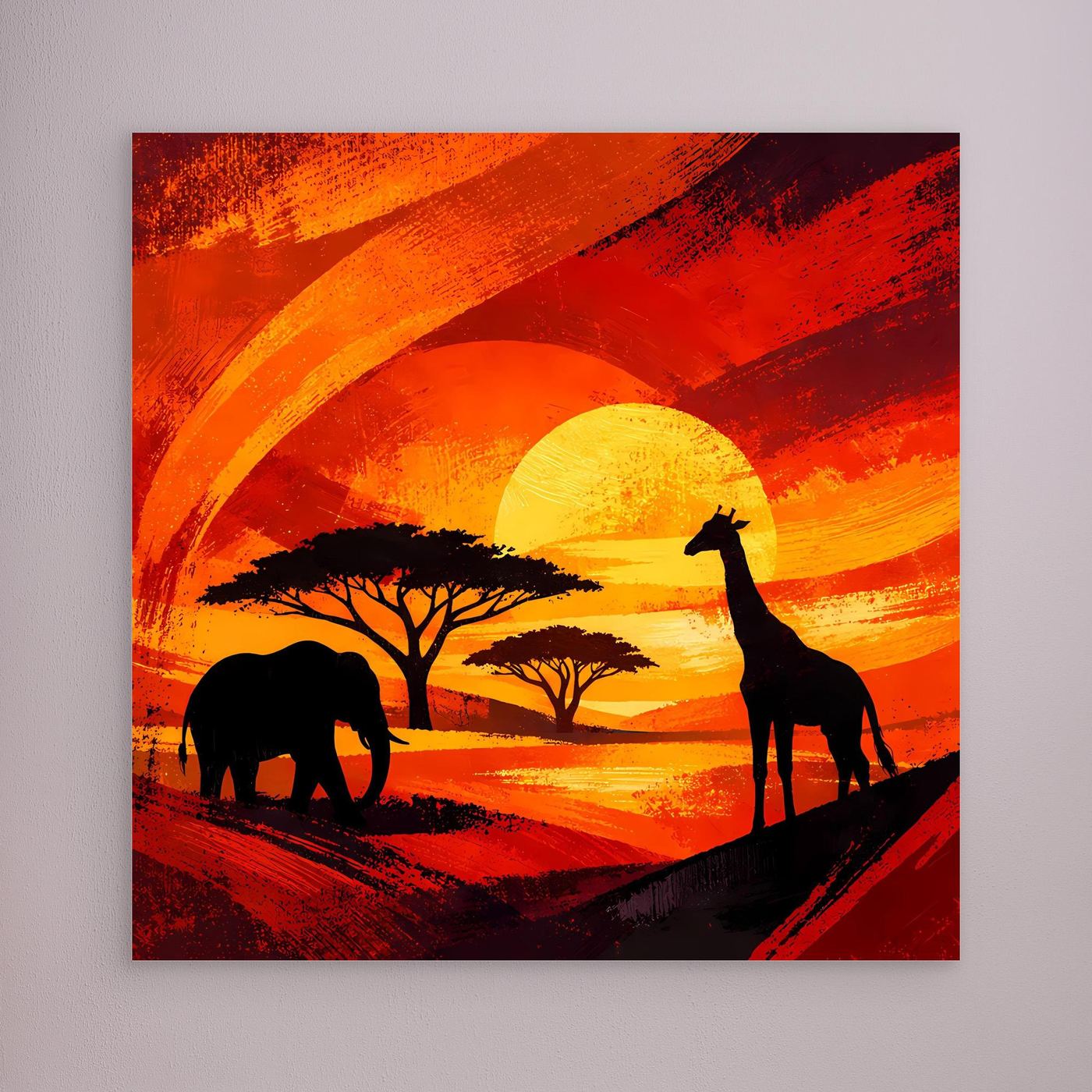 Leinwandbild ohne Rahmen: Elefant- und Giraffensilhouetten bei orangefarbenem Sonnenuntergang