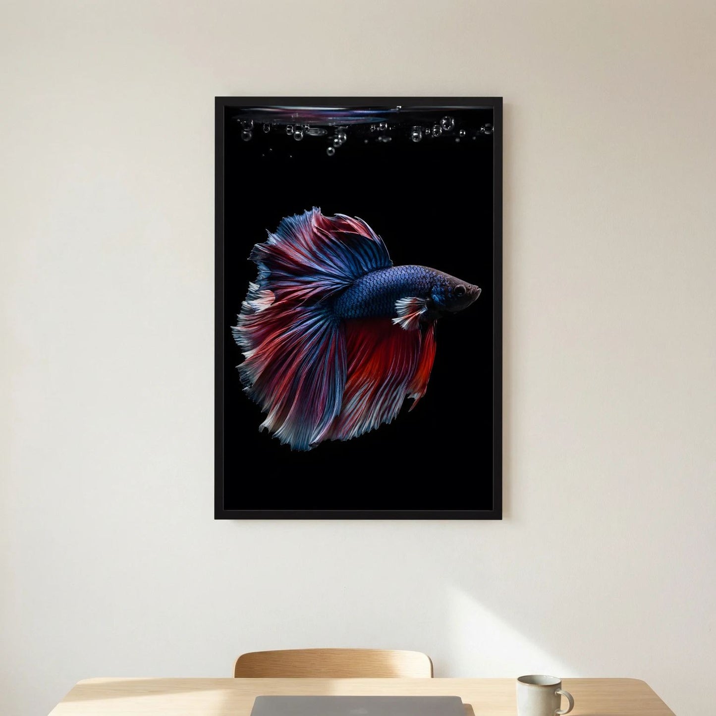 Poster mit blau-rotem Kampffisch mit auffälligen Flossen im schwarzen Rahmen.