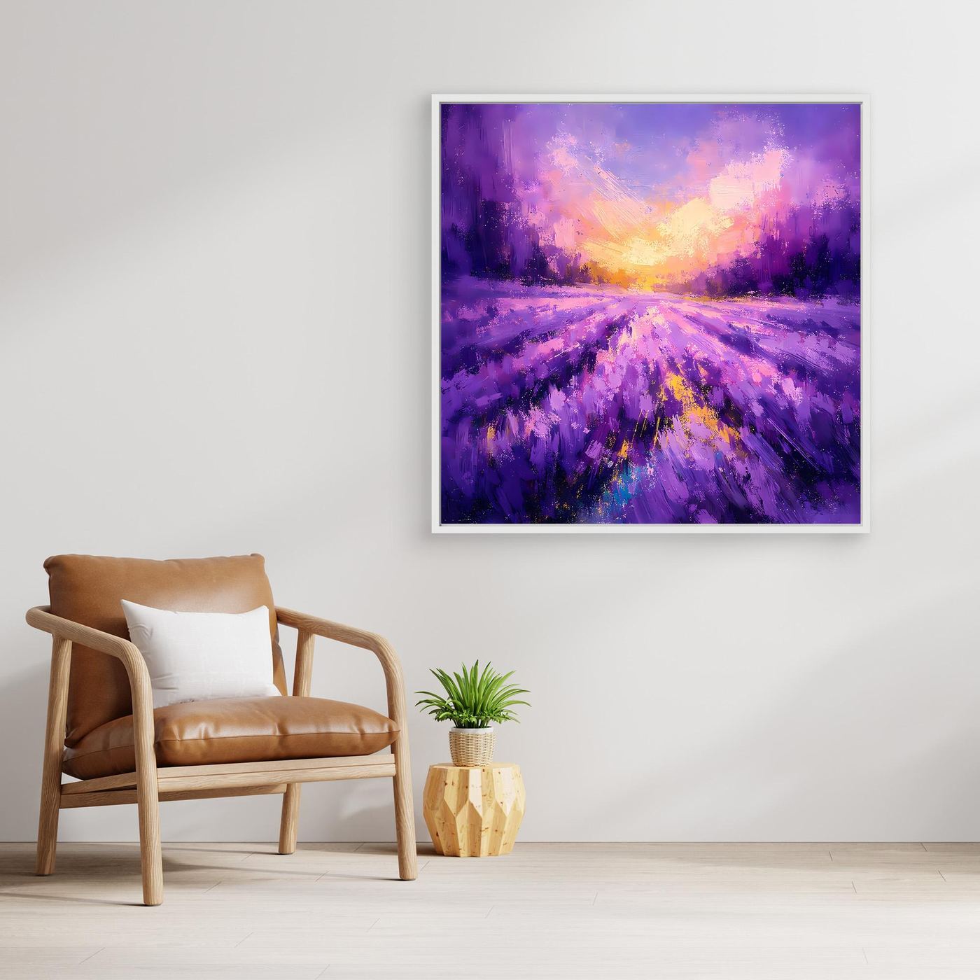 Quadratisches Leinwandbild: lila Lavendelweg, warme Sonnenlichtfarbe und Dunstschleier
