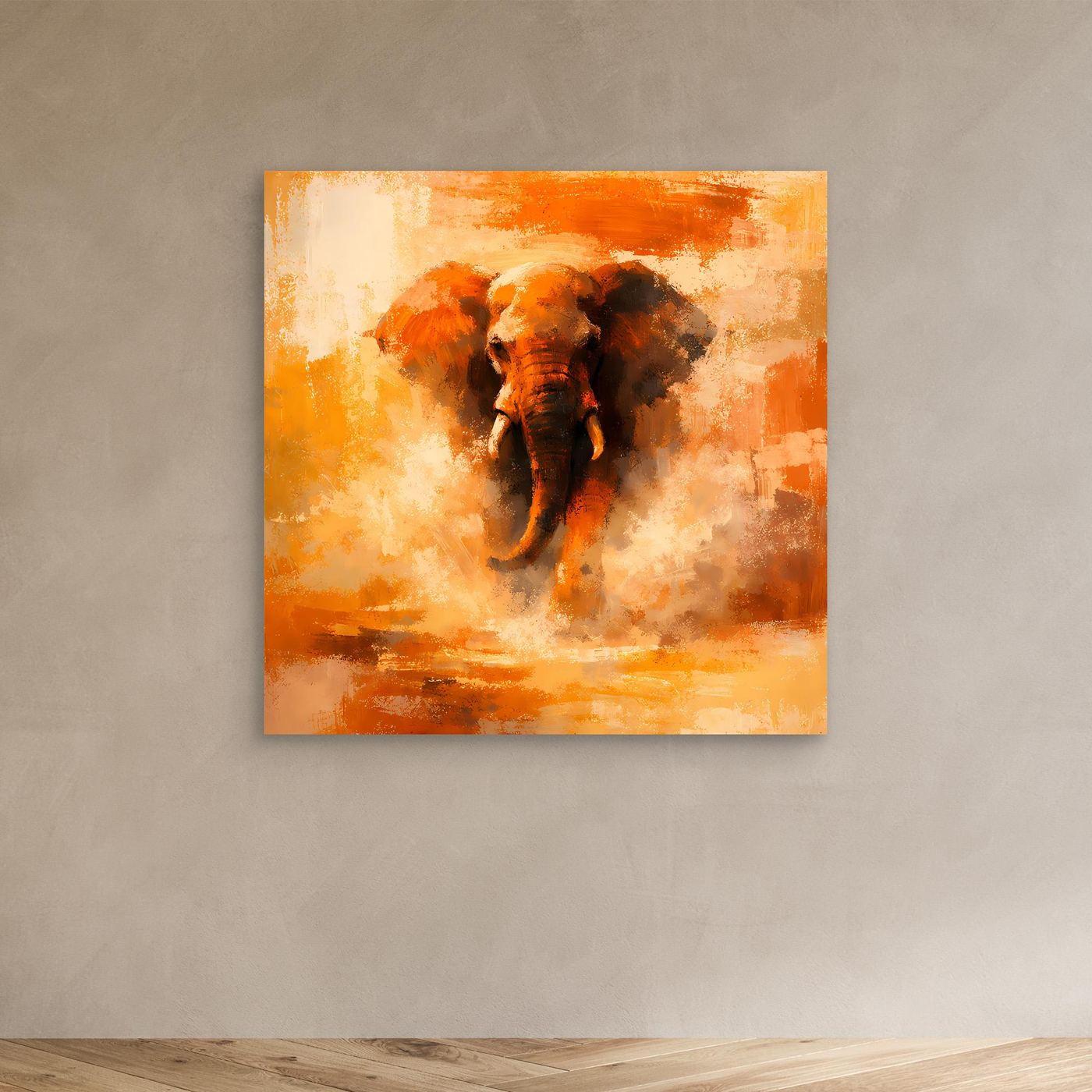 Leinwand Abstraktes Elefanten Gemälde | Modernes Kraftvolles Tier Wandbild Orange Ocker