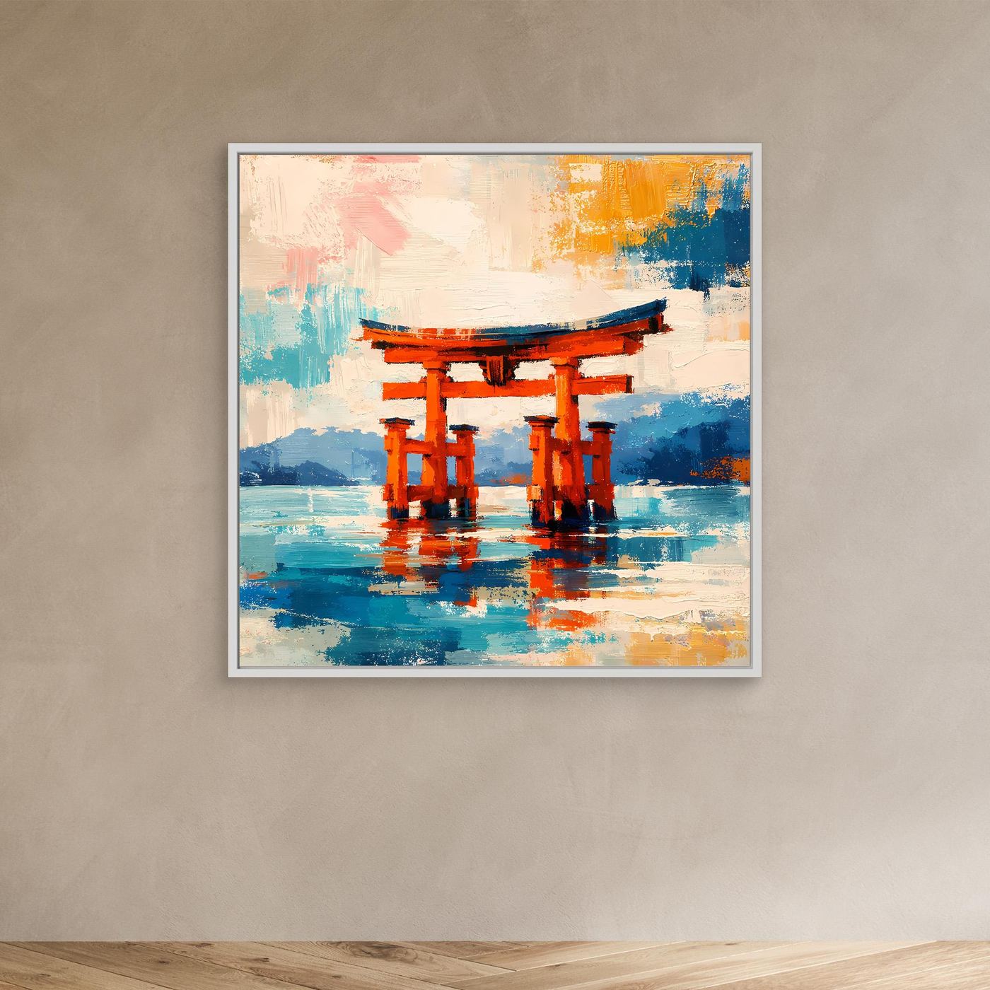 Leinwandbild Japanisches Torii-Tor im Meer | Abstraktes Kultur Wandbild auf echtem Holzkeilrahmen