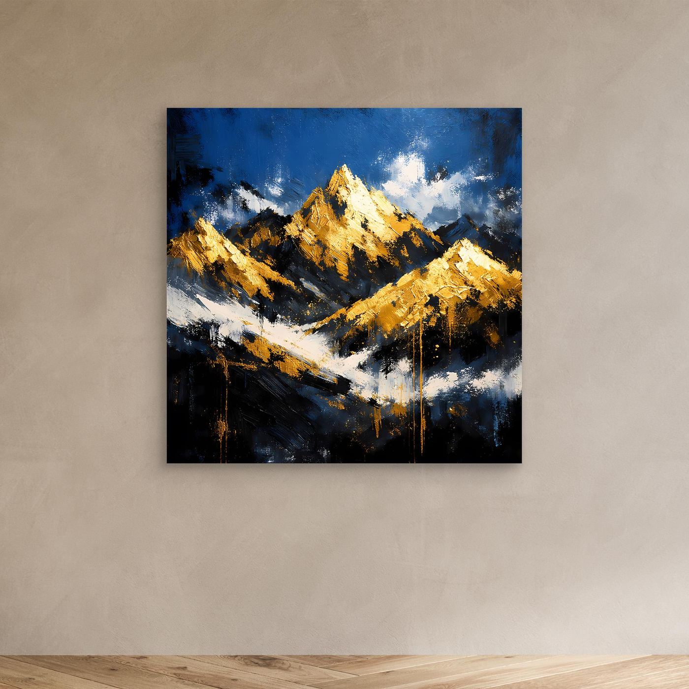 Leinwand Abstraktes Berggemälde in Blau und Gold | Modernes Berge Wandbild