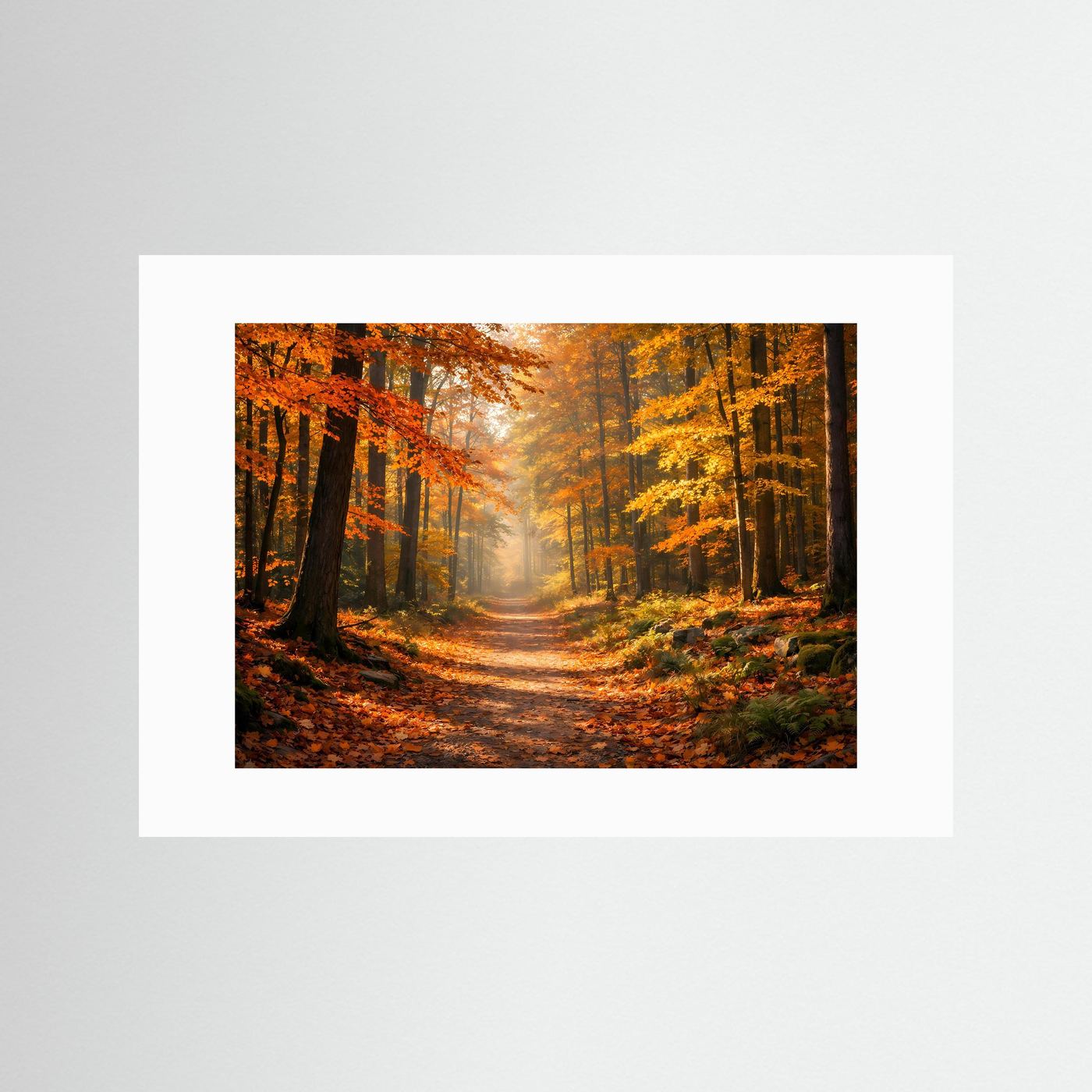 Waldposter im Querformat mit weißem Passepartout: Herbstlicher Waldweg und Sonnenlicht